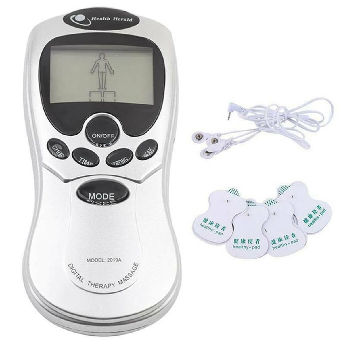 Ein silbernes digitales Therapie-Massagegerät mit Knöpfen und Display sowie Pads mit Kabeln.