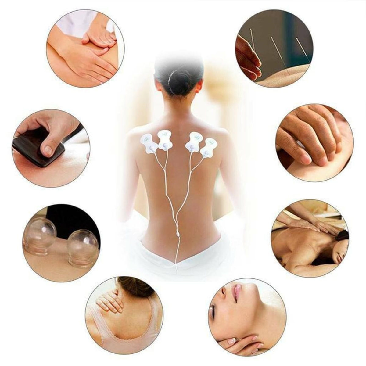 Collage von Massage- und Akupunkturbehandlungen. Verschiedene Hände und Körperteile. Weißer Hintergrund.
