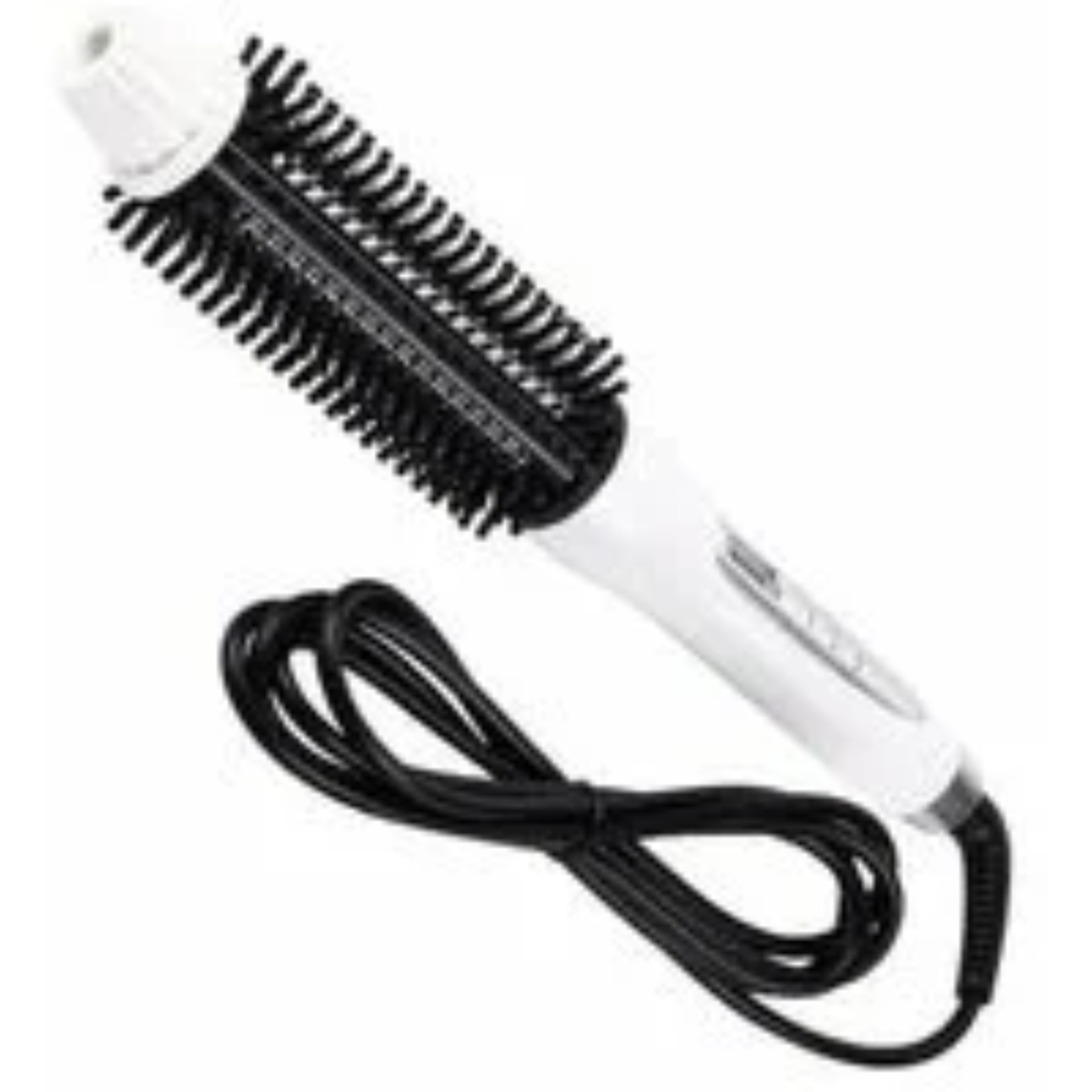 Weiß-schwarze Haarstyling-Bürste mit schwarzem Netzkabel, vor weißem Hintergrund.