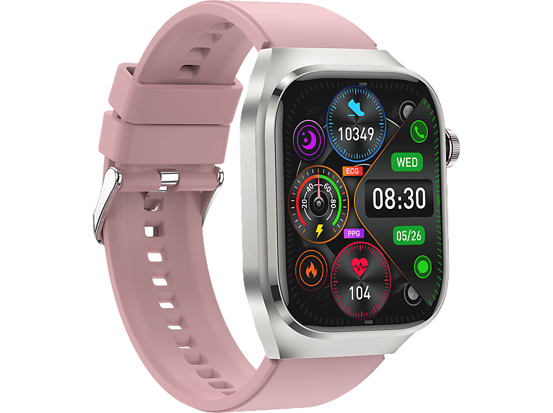 INF Smartwatch mit EKG, Herzfrequenz, Blutdruck, Schla Smartwatch Glas, Metall Silikon, Rosa