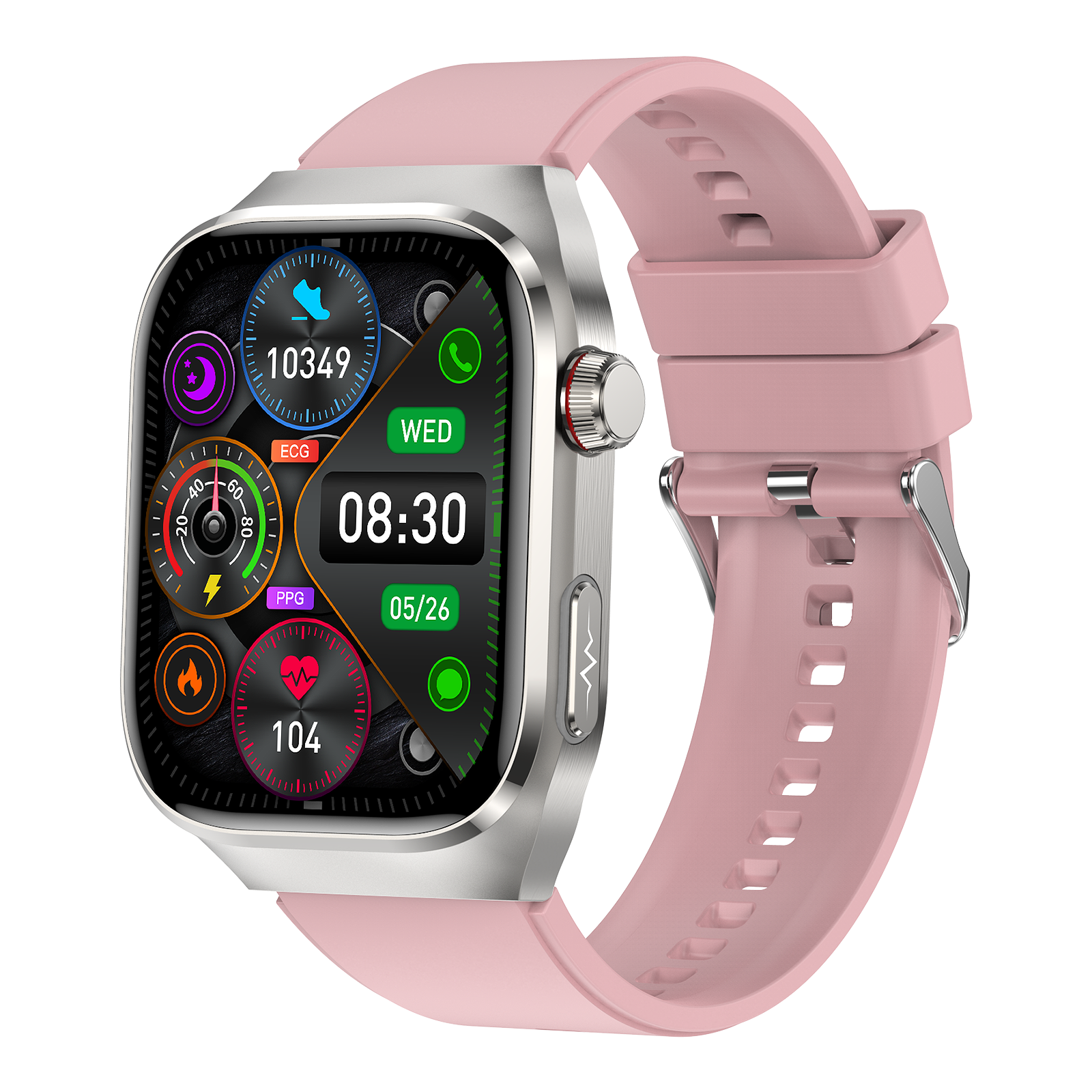 Smartwatch avec bracelet rose. Boîtier argenté. Affiche l'heure, la date et les données de fréquence cardiaque. Fond noir.