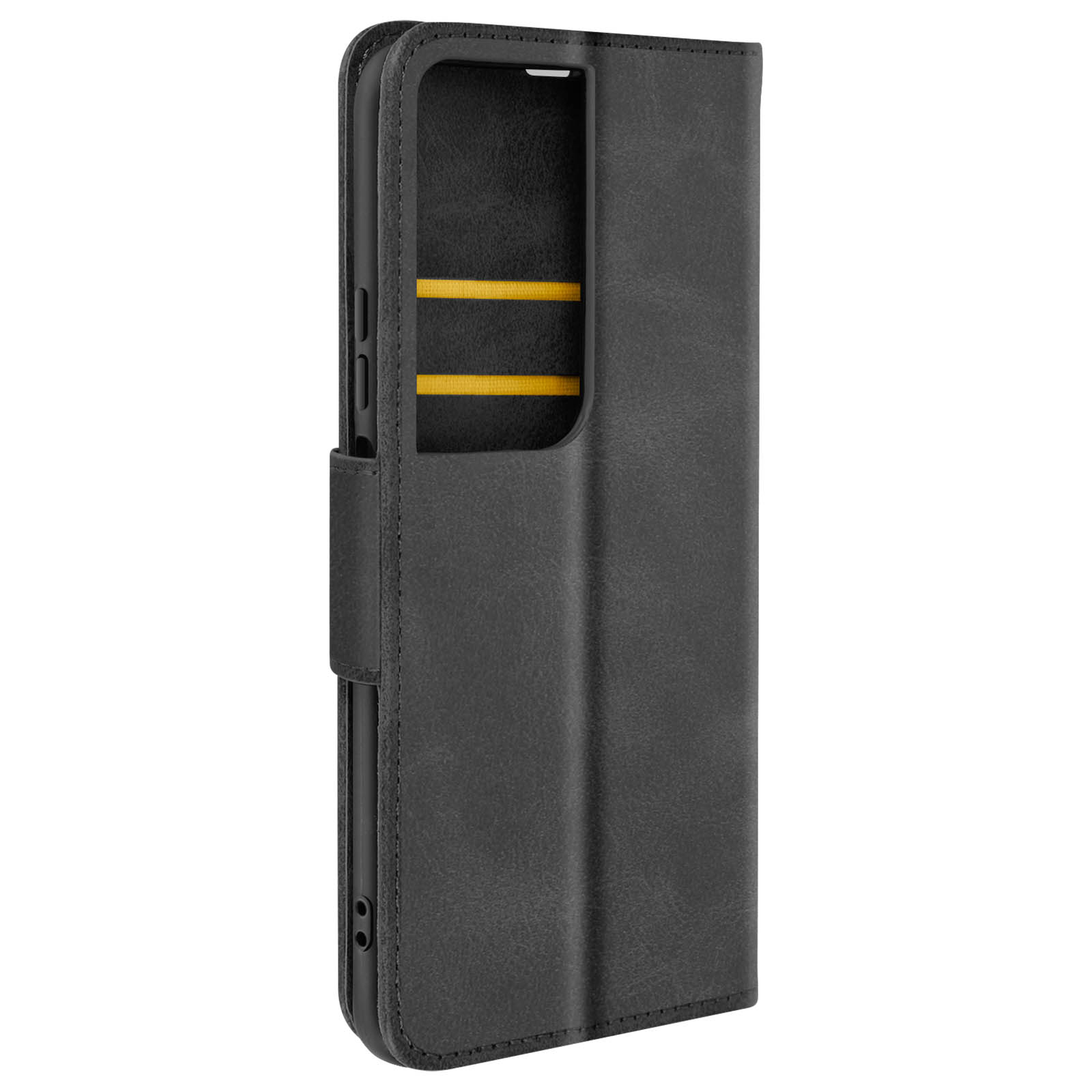 Una custodia per telefono in pelle nera con porta carte giallo all'interno.