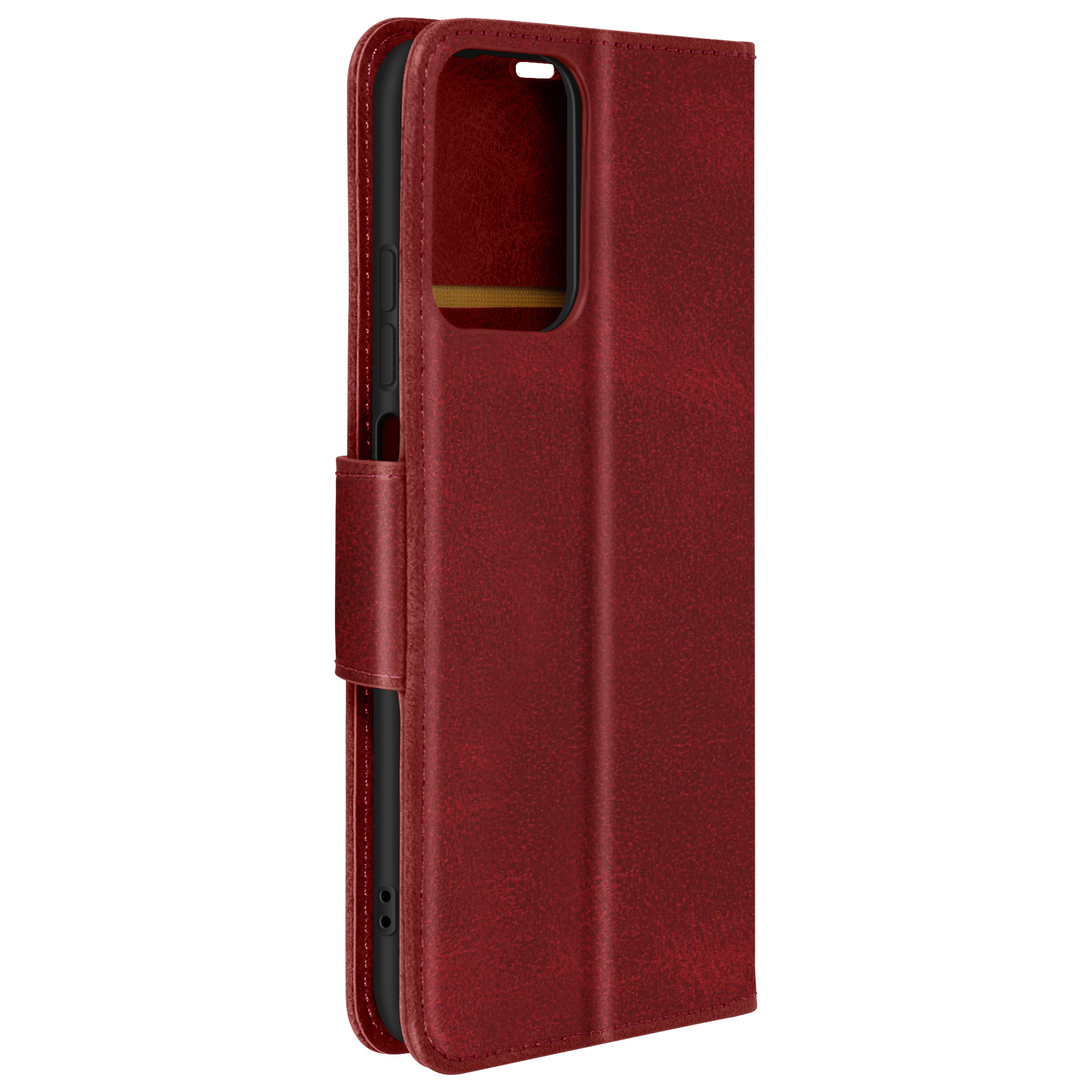 Custodia per telefono in pelle rossa, chiusa. Chiusura magnetica e scomparti per carte.