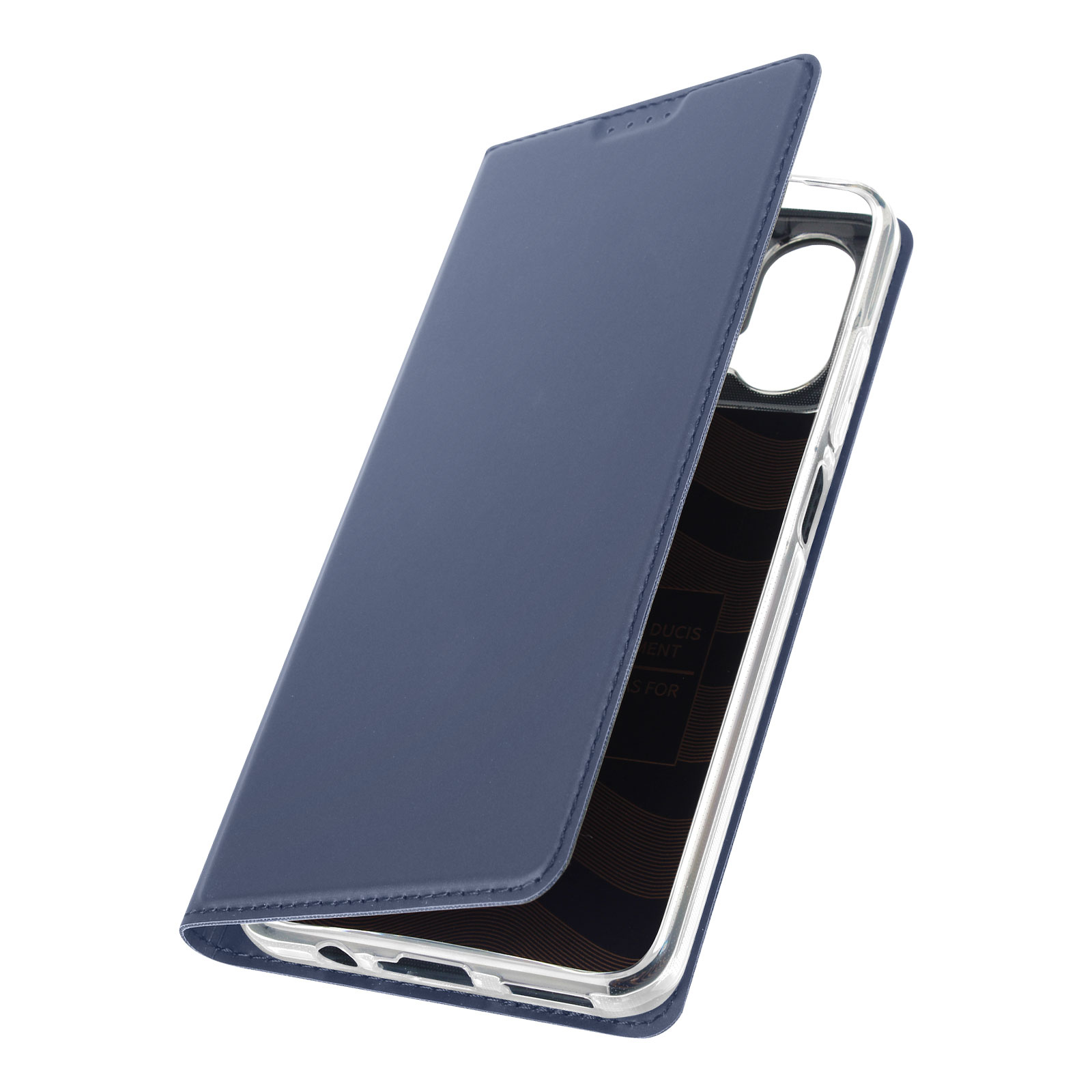 Custodia per telefono blu, aperta, che mostra il telefono. Sfondo bianco.