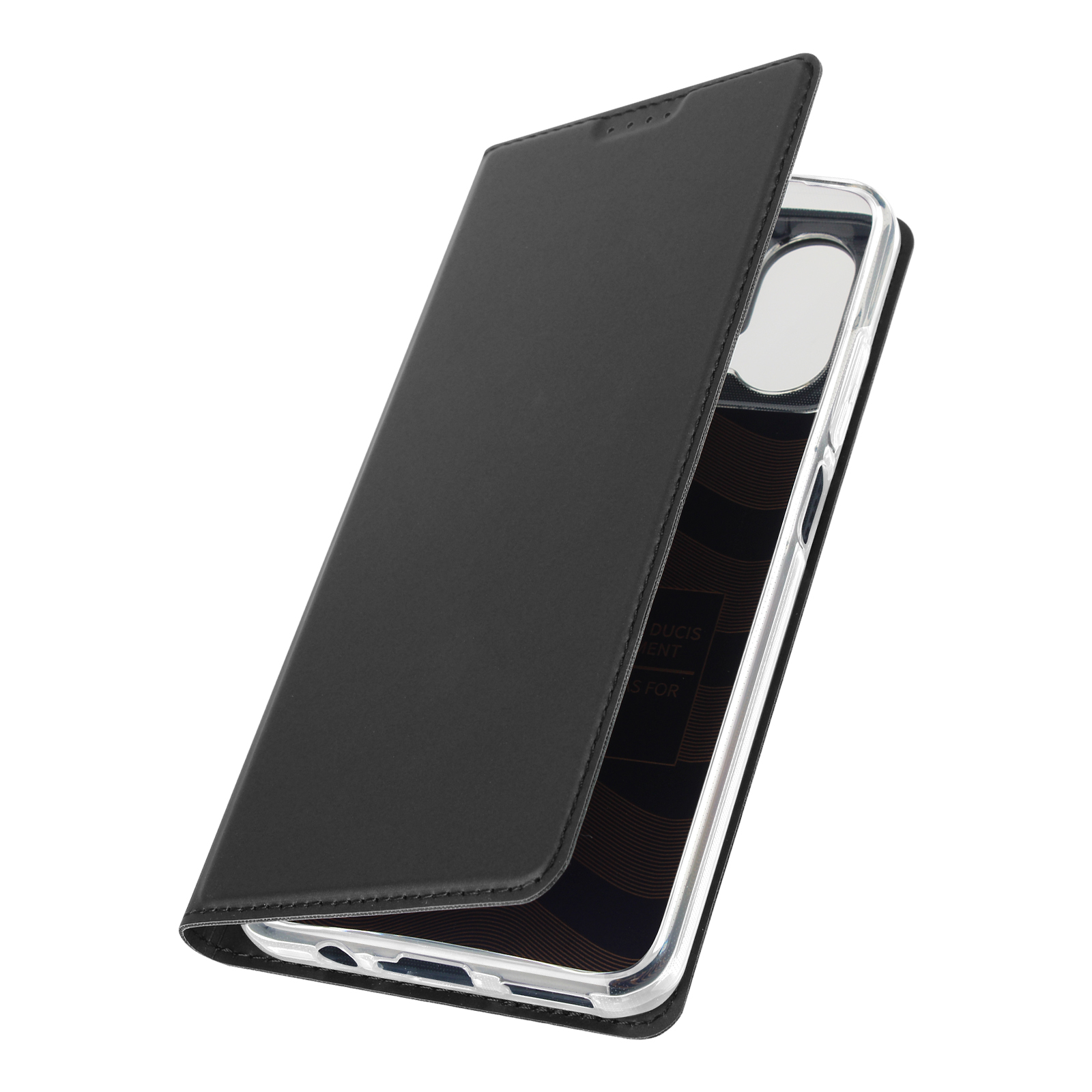 Custodia nera con cover a libro. Il telefono è visibile all'interno. Sfondo bianco.