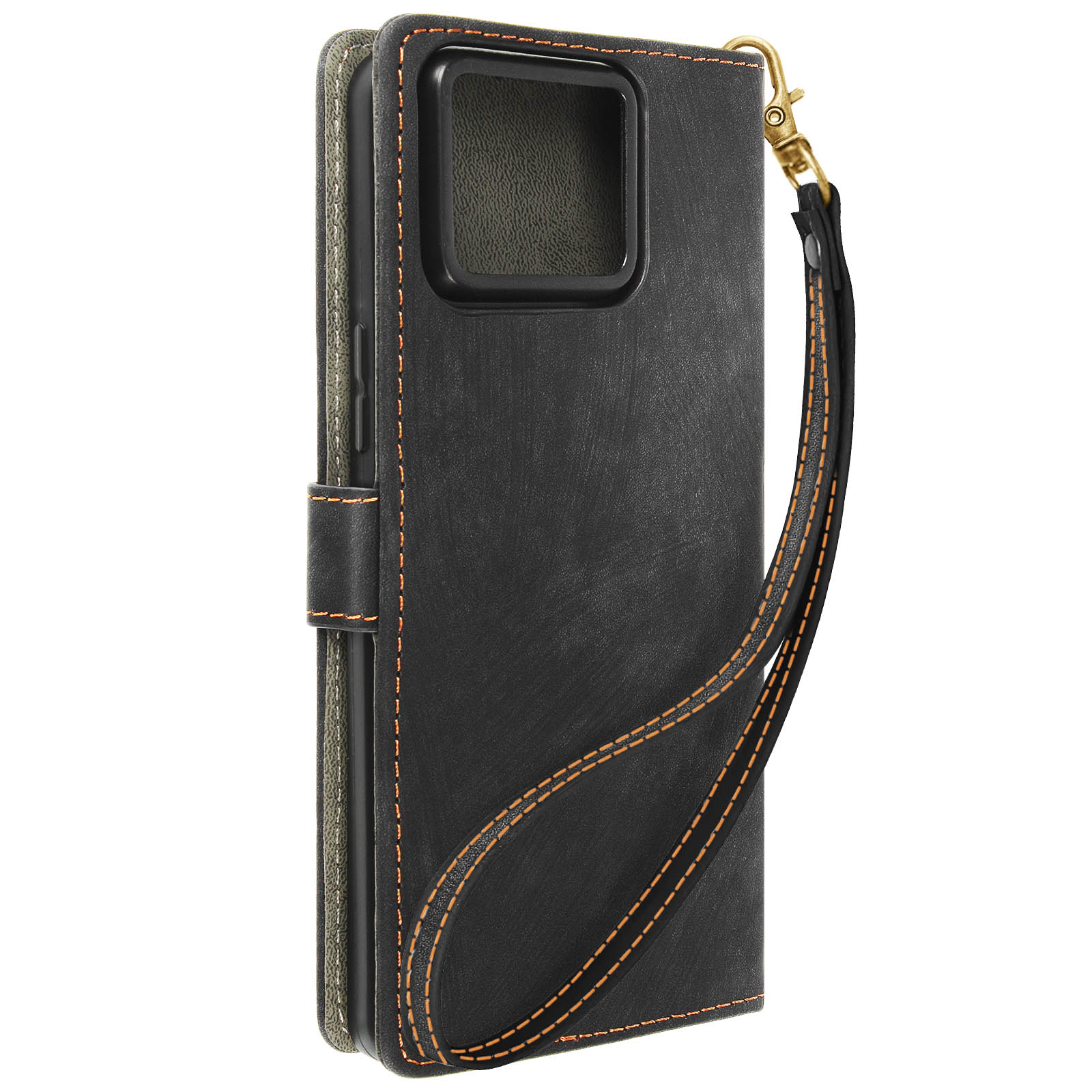 Schwarze Leder-Handyhülle mit orangefarbenen Nähten und goldener Handschlaufe.