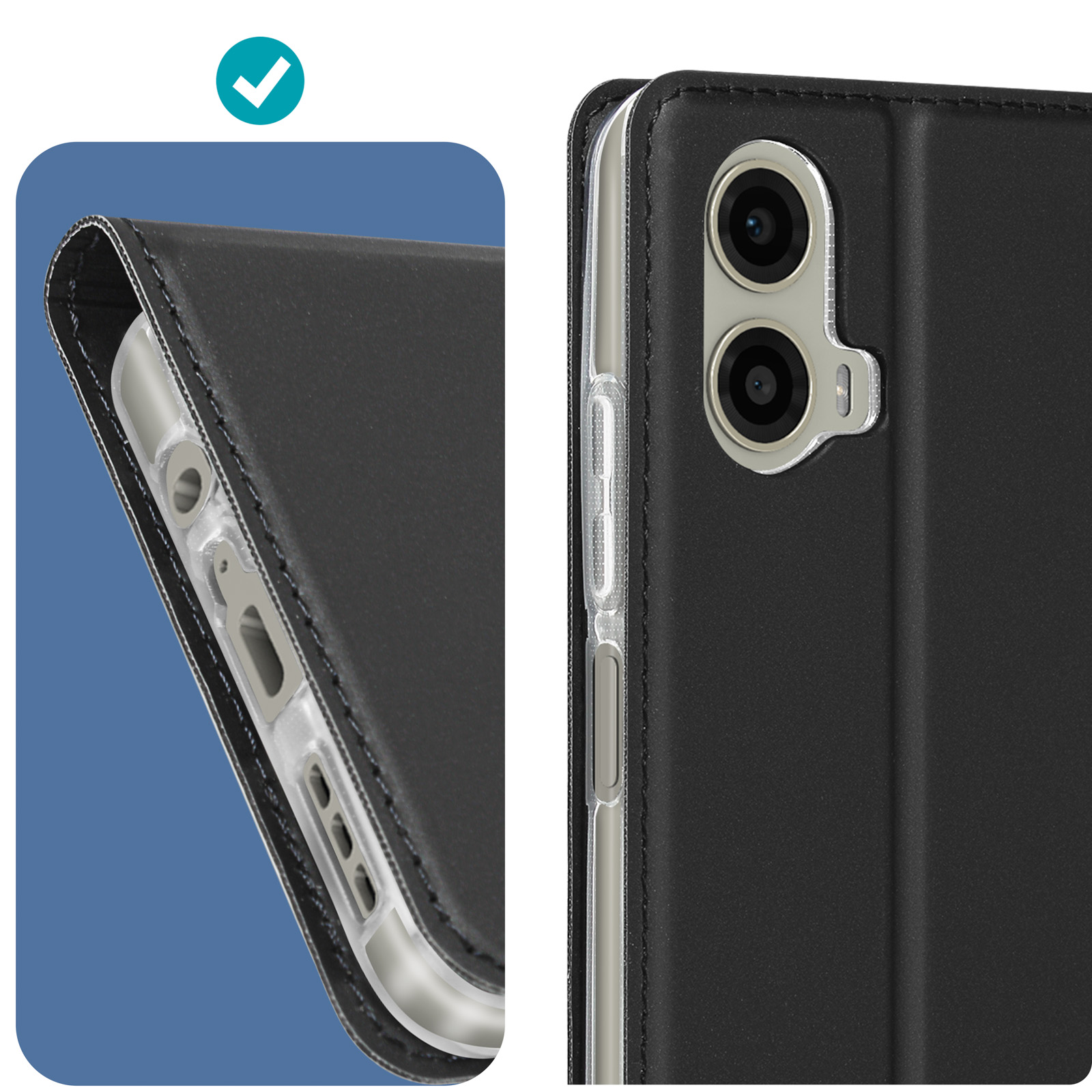 Primo piano di una custodia per telefono. La custodia è nera e mostra i dettagli del lato e delle fotocamere del telefono.