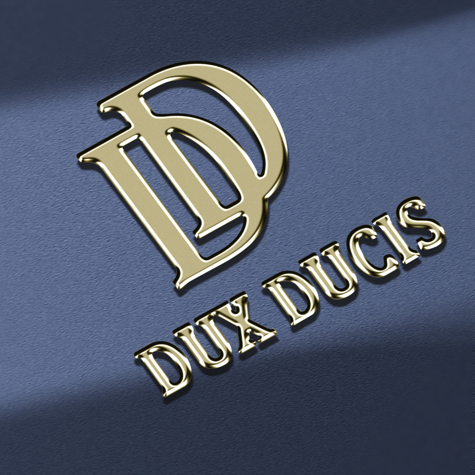 Logo DUX DUCIS dorato su una superficie blu con ombre.