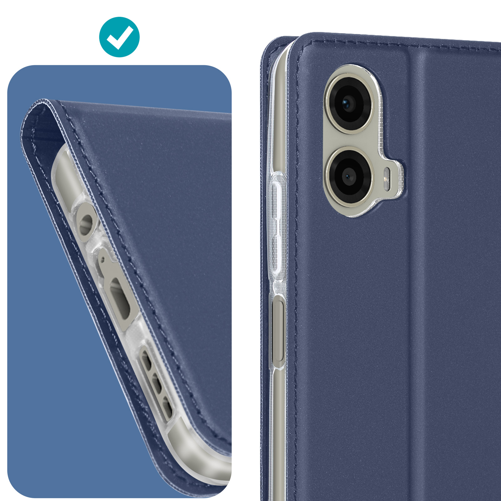 Custodia per smartphone e dettaglio del telefono con fotocamere e cover protettiva.