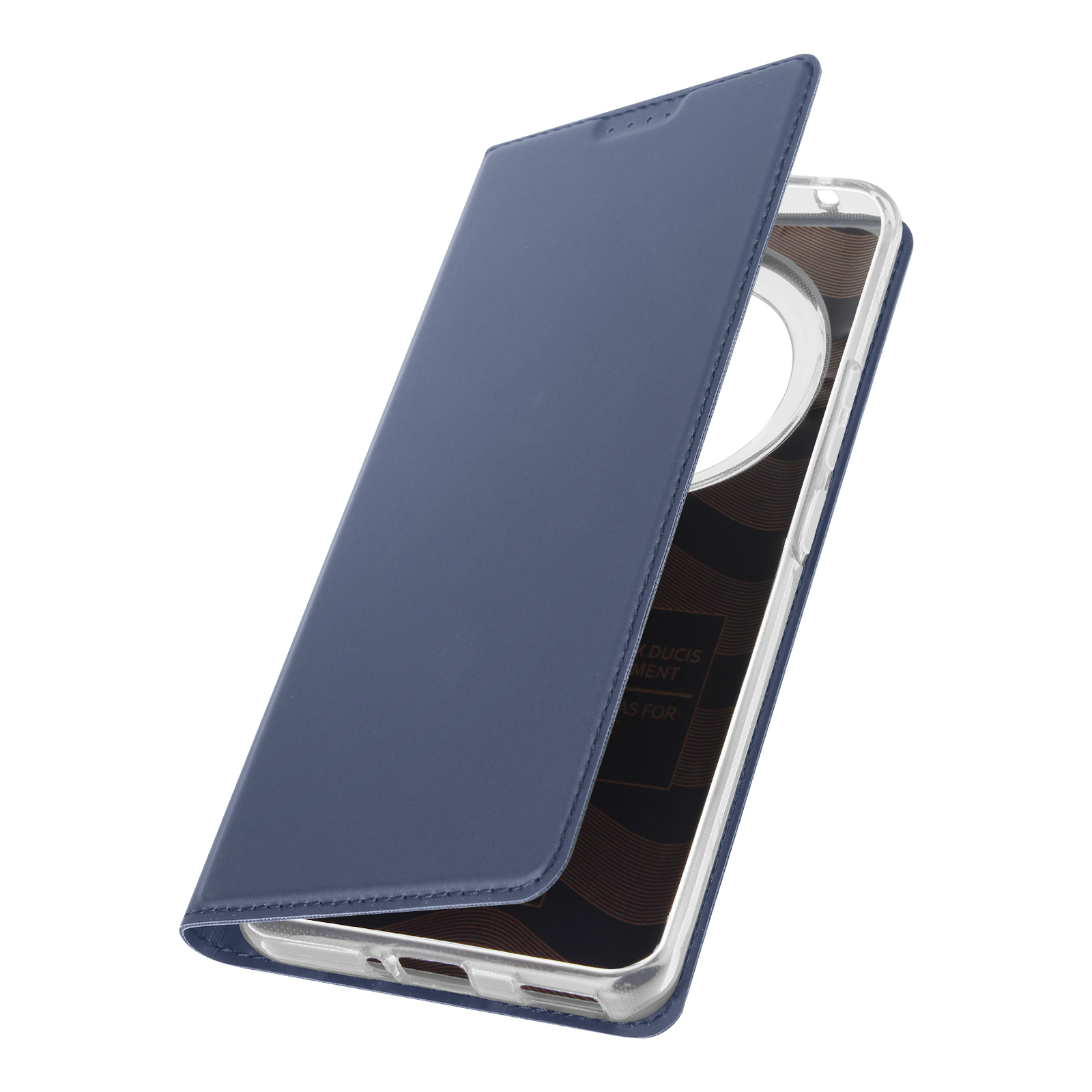 Custodia in pelle blu aperta, mostra il telefono. Sfondo bianco.