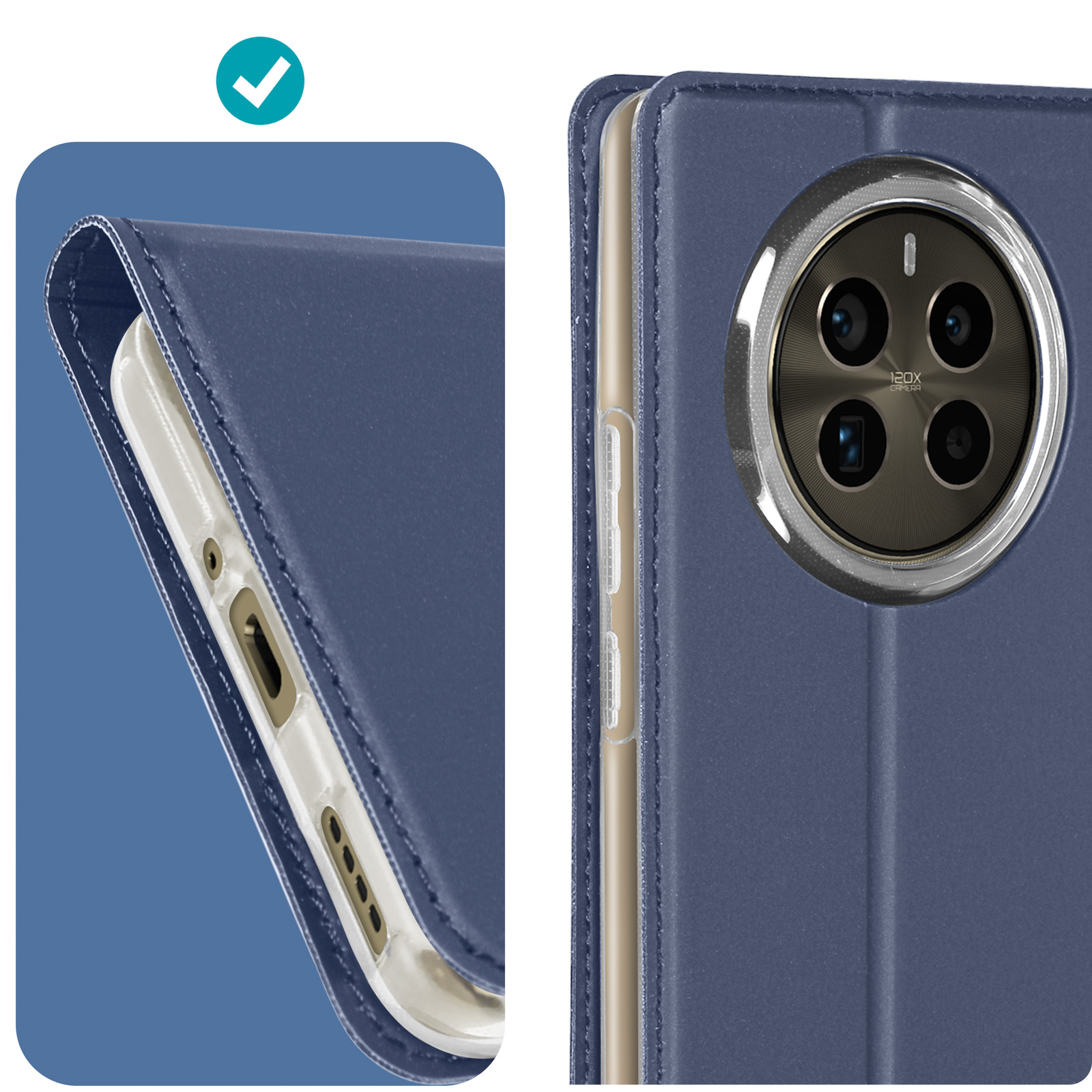 Primo piano di una custodia blu per telefono con telefono e dettagli della fotocamera visibili.