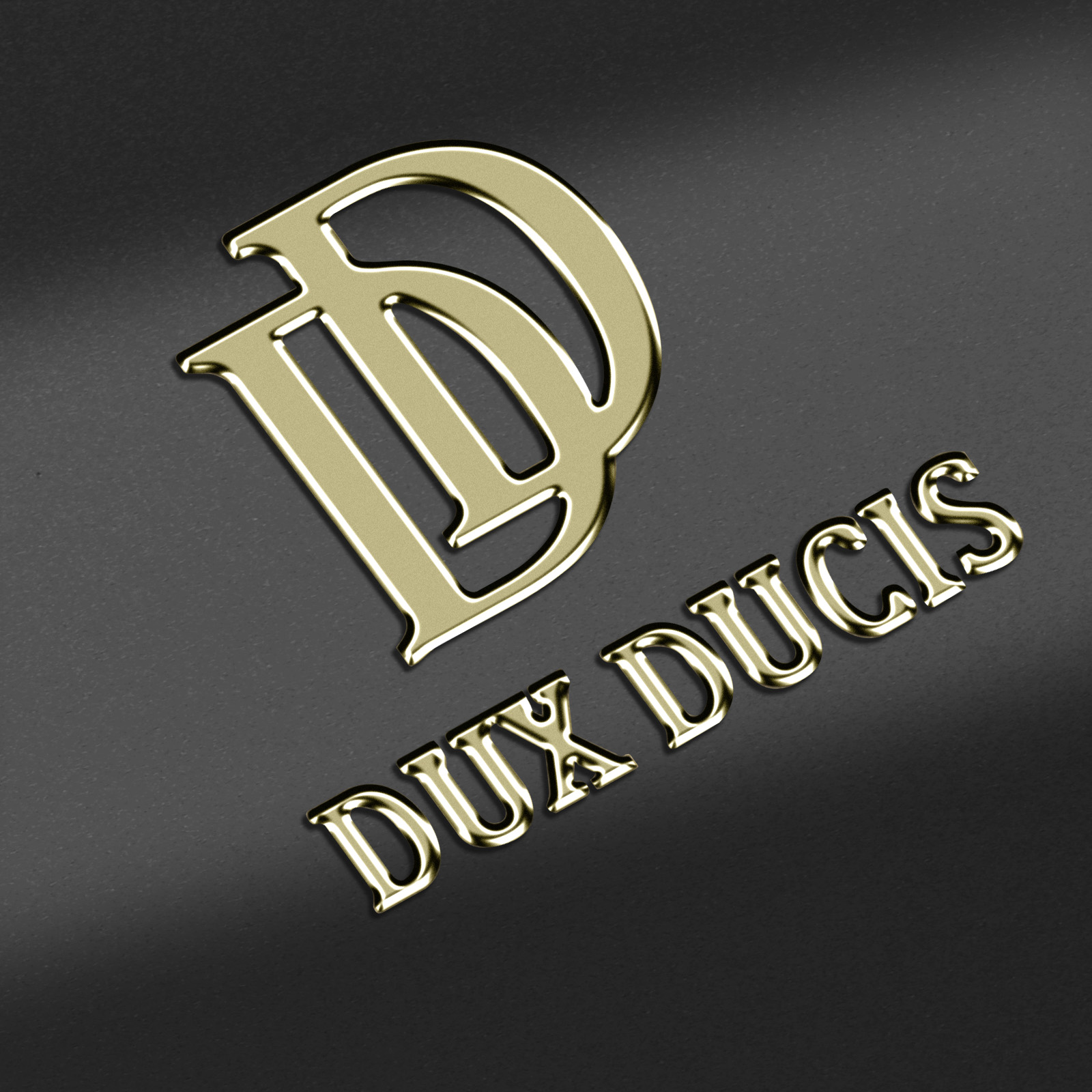Logo DUX DUCIS doré sur fond sombre. Les lettres sont dans une police décorative.
