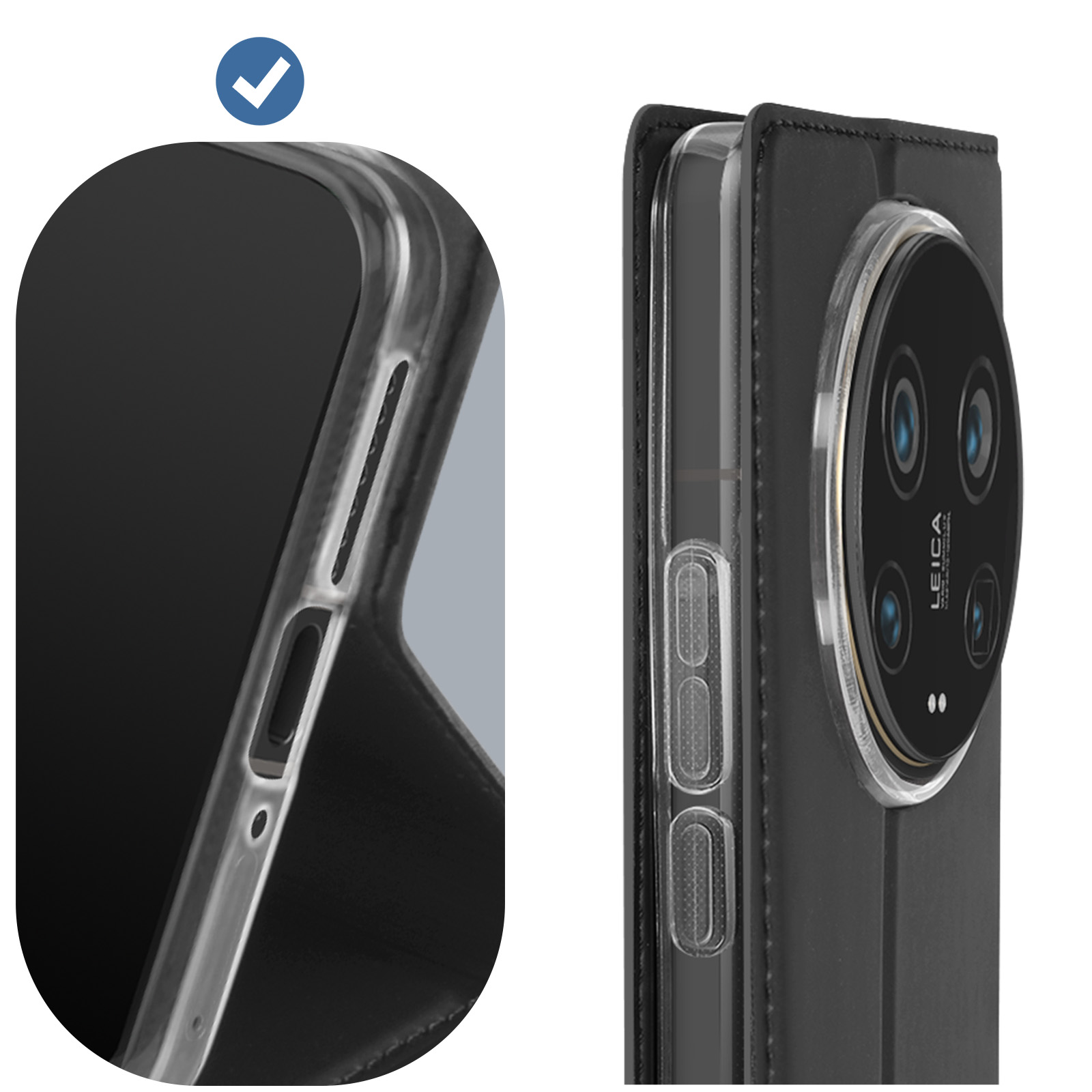 Gros plan de l'étui de téléphone. Côtés transparents, cuir noir, découpe caméra. Icône de coche.