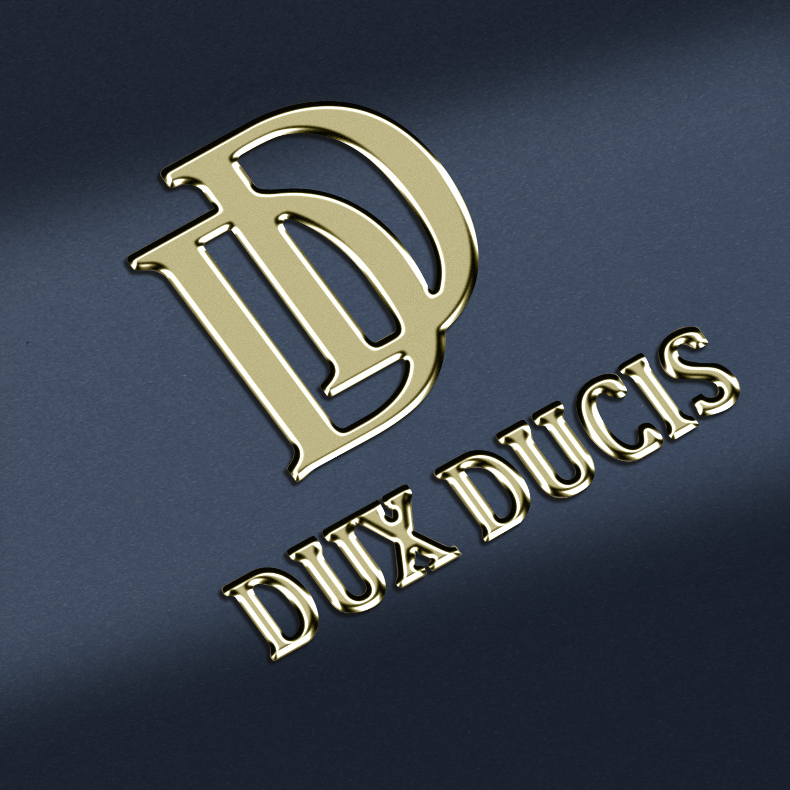 Logo 'DUX DUCIS' doré sur fond sombre et texturé.