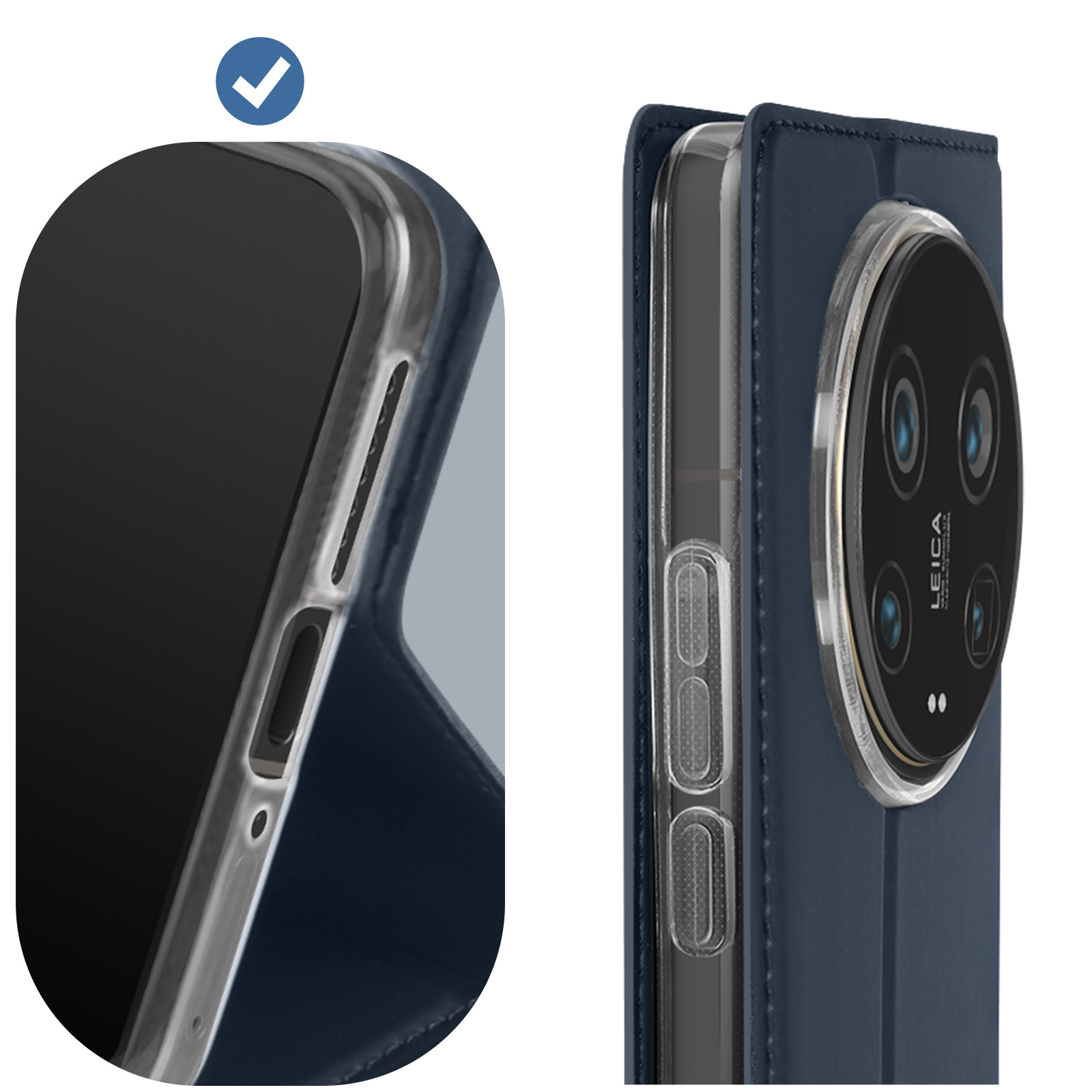 Deux images côte à côte d'un étui de téléphone et du téléphone. Étui bleu avec un cache objectif transparent.