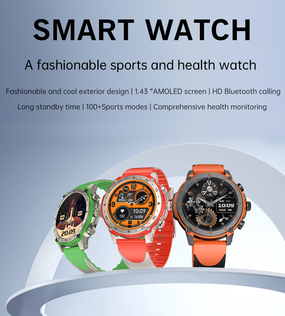 Drei Smartwatches auf dem Display, in Grün, Orange und Schwarz.