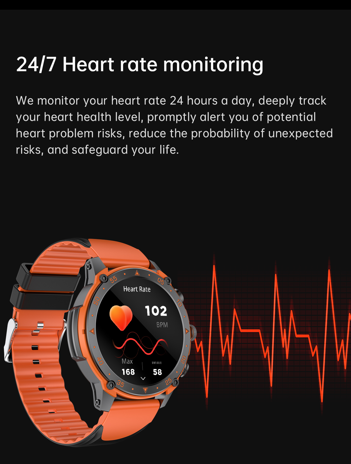 Smartwatch mit orangefarbenem Armband, das die Herzfrequenz anzeigt. Der Bildschirm zeigt ein Herzsymbol und BPM.