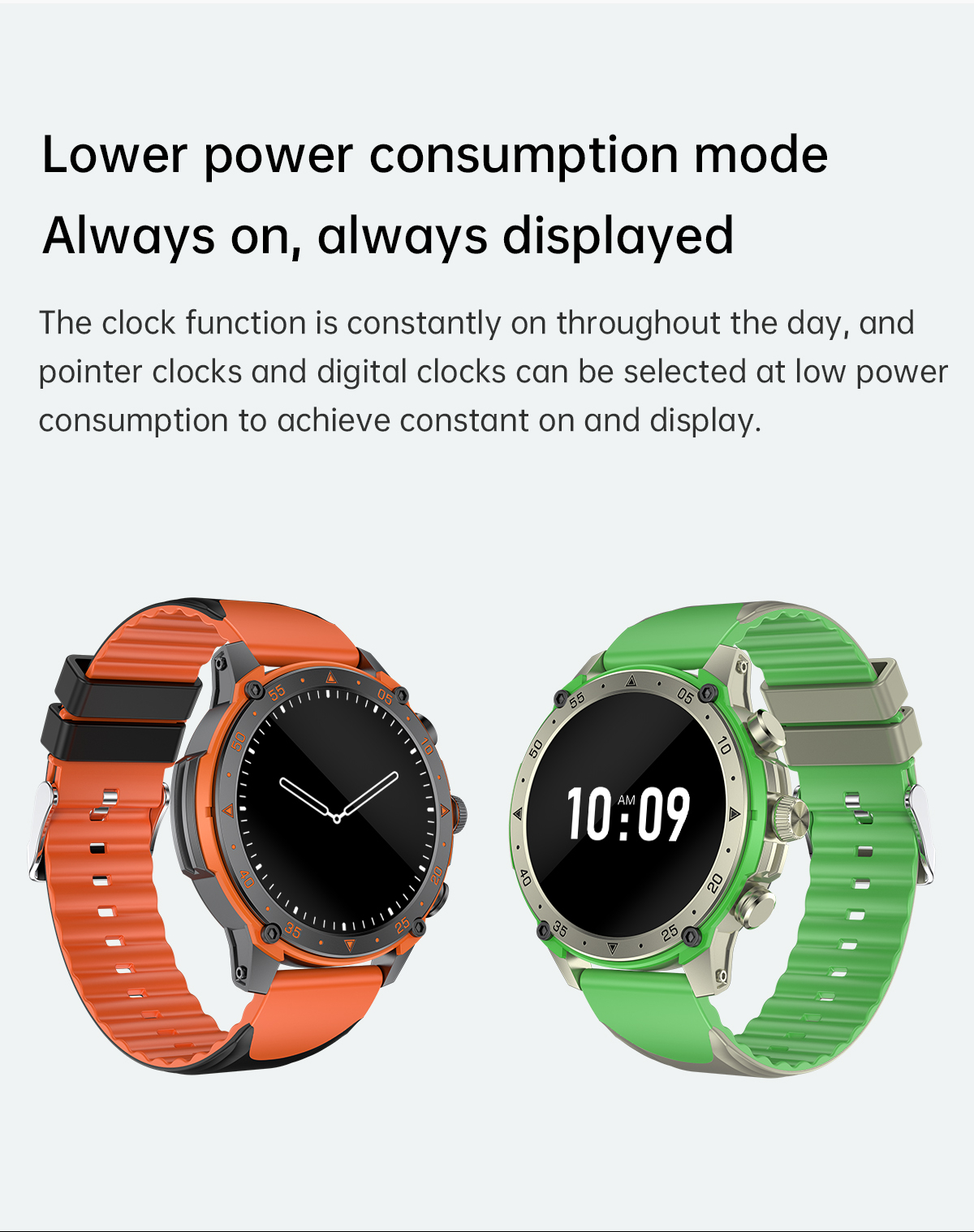 Zwei Smartwatches, eine orange, eine grün, mit Text. Weißer Hintergrund.