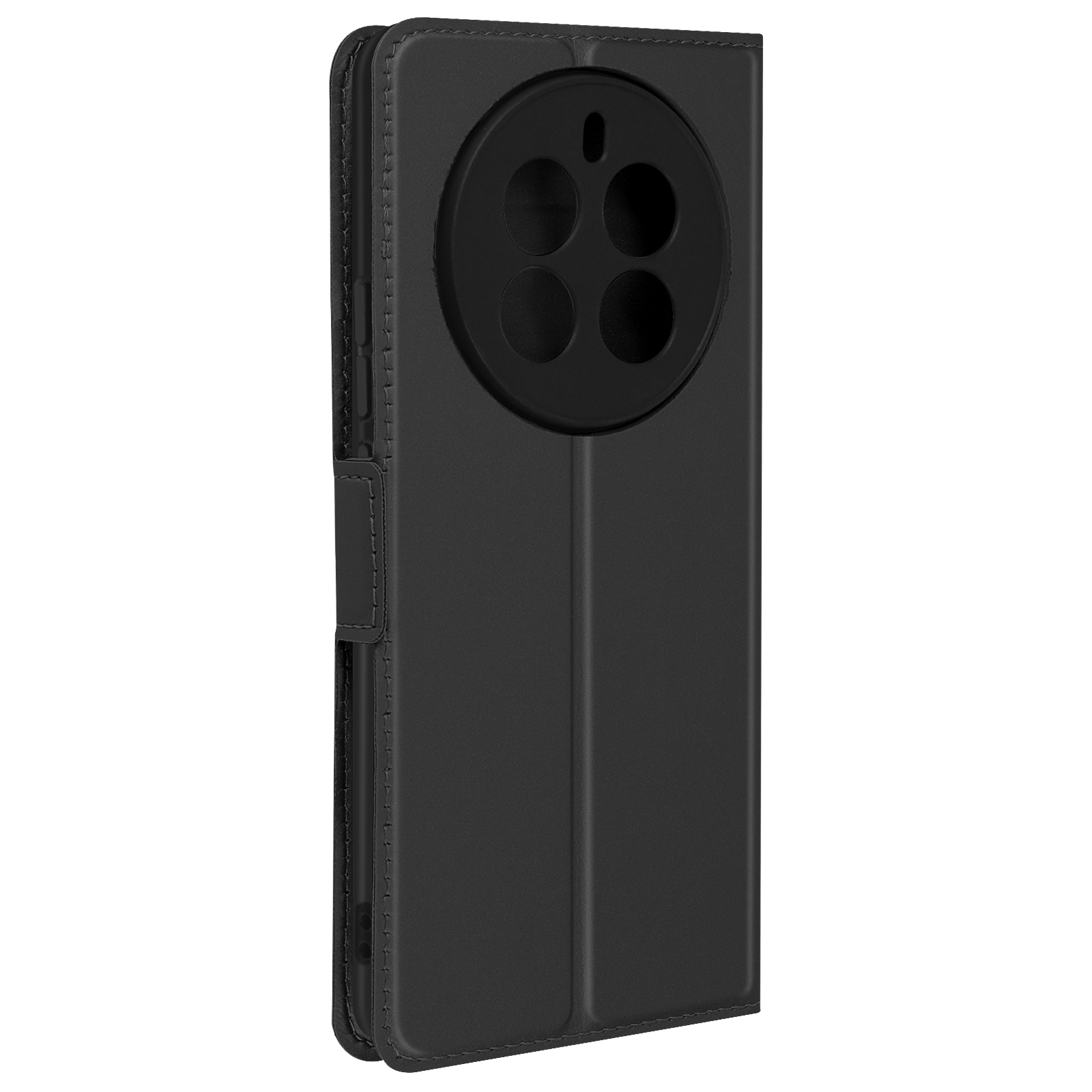 Custodia per telefono nera con area fotocamera rotonda. La custodia è chiusa. Colore nero.