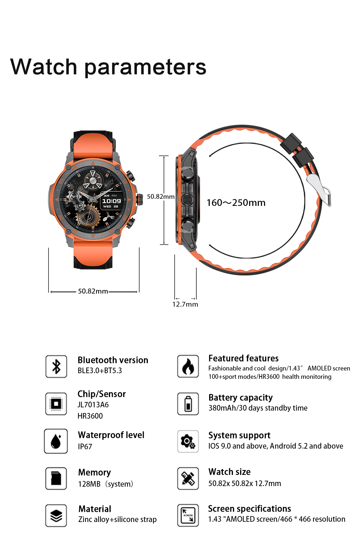 Smartwatch mit orangefarbenem Armband. Zeigt Uhrenparameter und Funktionen.
