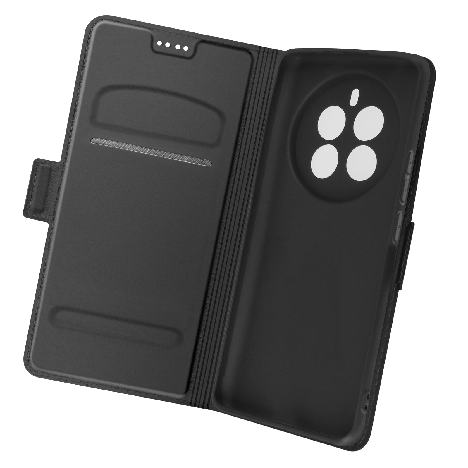 Custodia per telefono nera, aperta, con intaglio per telefono e fessure.
