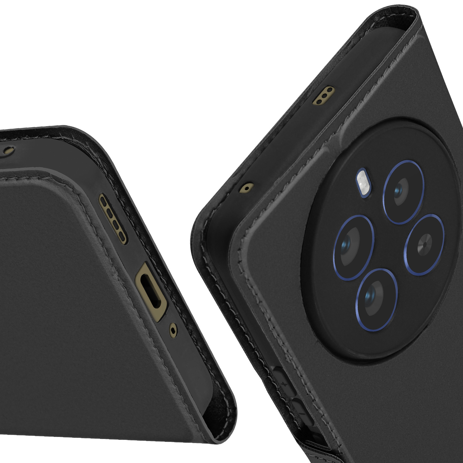 Due custodie nere per telefono, che mostrano la fotocamera e i dettagli laterali, primo piano.