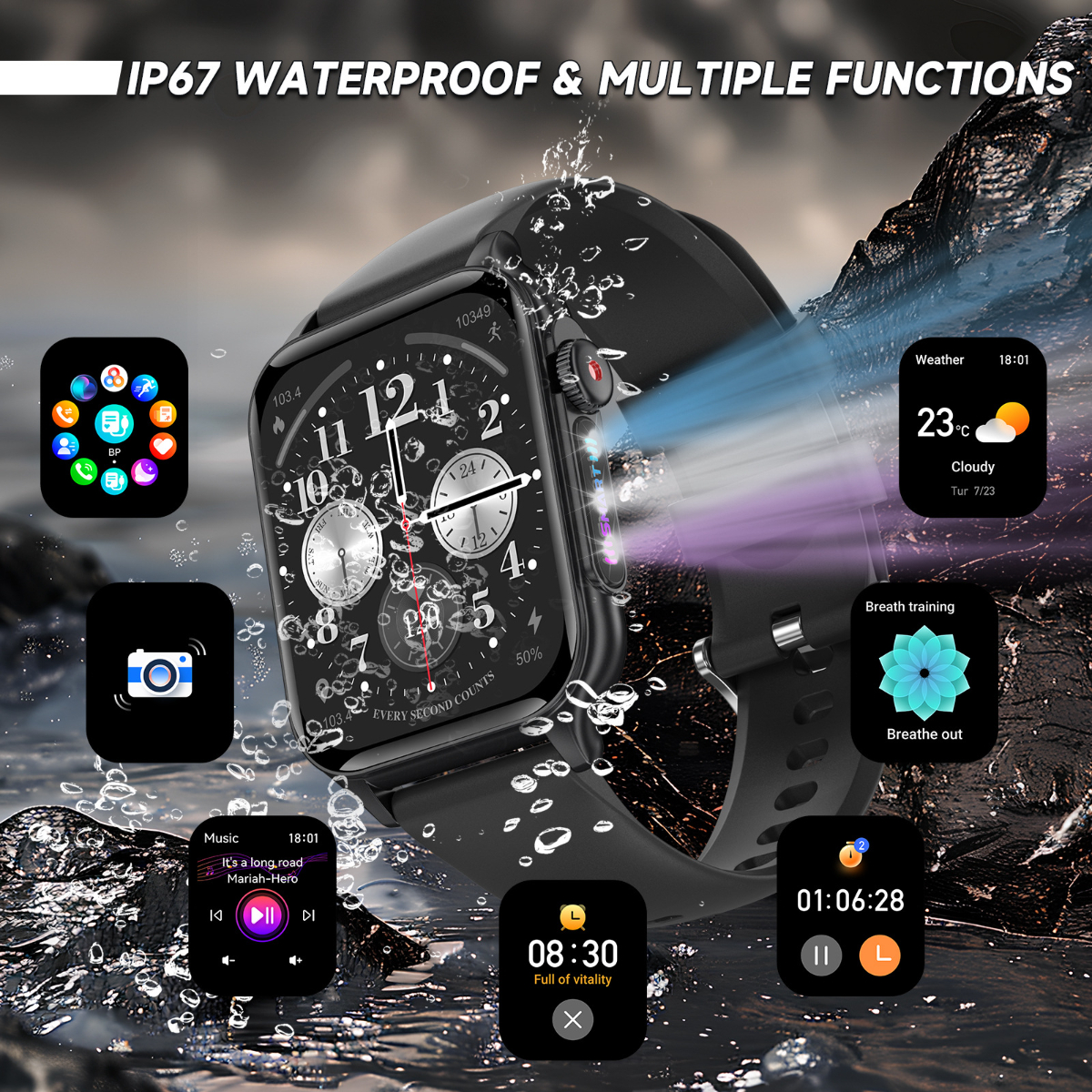 Eine schwarze Smartwatch mit mehreren Funktionen. Die Uhr zeigt Zeit- und Gesundheitsmetriken.