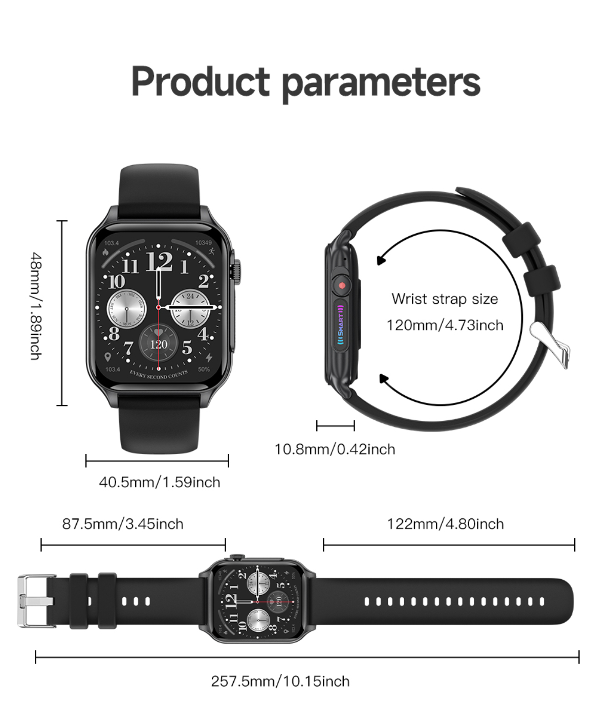 Schwarze Smartwatch mit Messungen und schwarzem Armband. Weißer Hintergrund.