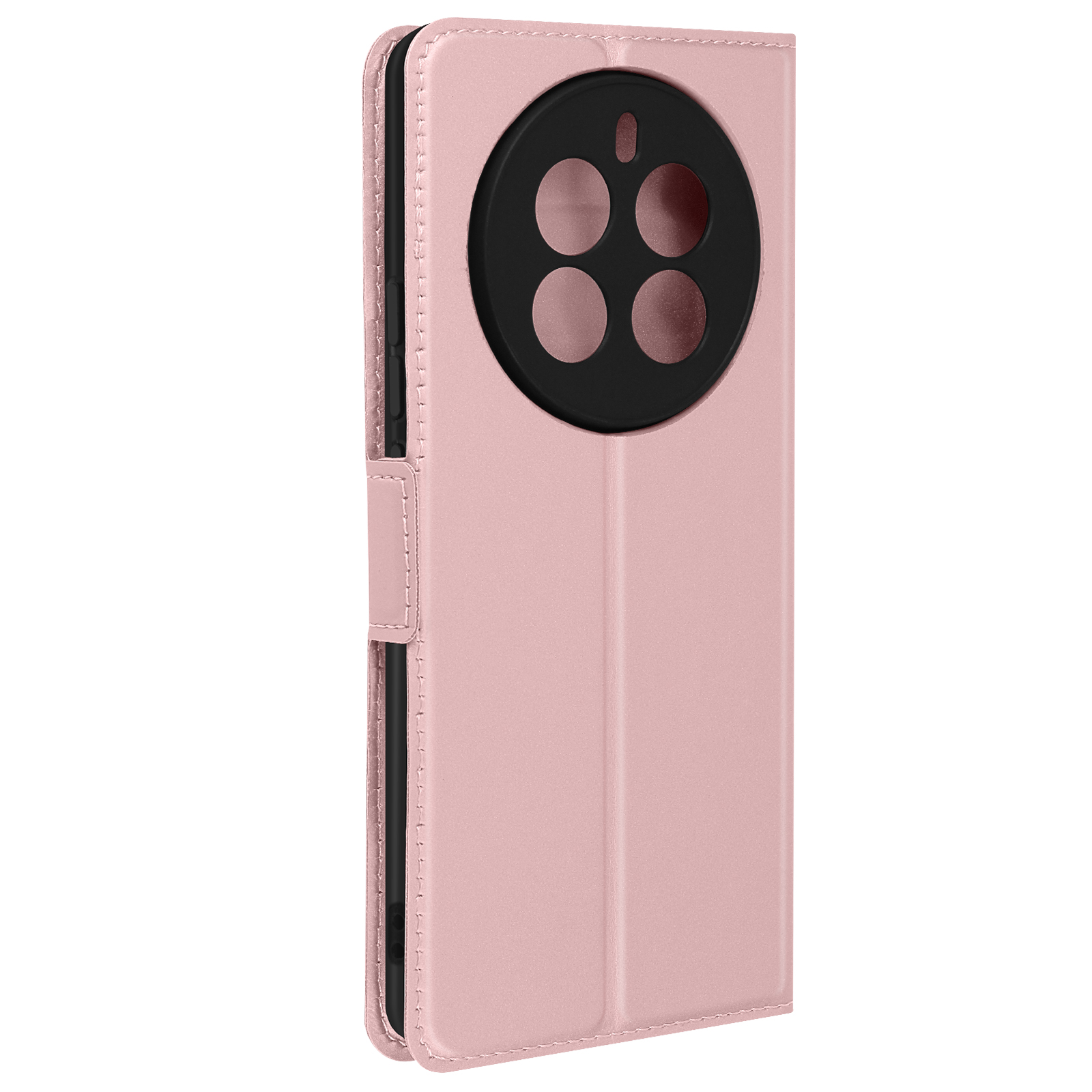 Custodia rosa per telefono con ritaglio rotondo per fotocamera nera e chiusura magnetica.