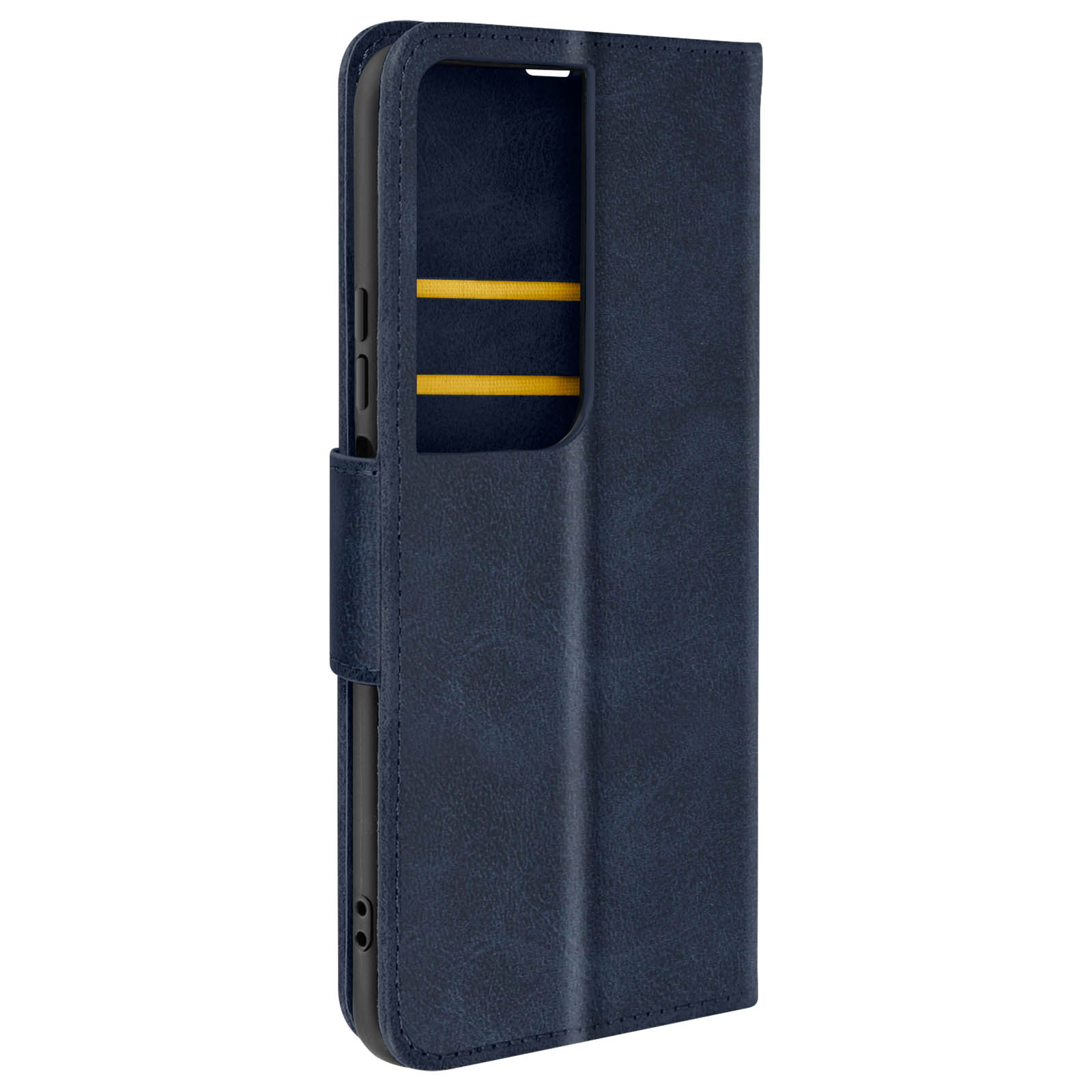Custodia per telefono in pelle blu con scomparti per carte. Strisce gialle all'interno. Sfondo bianco.