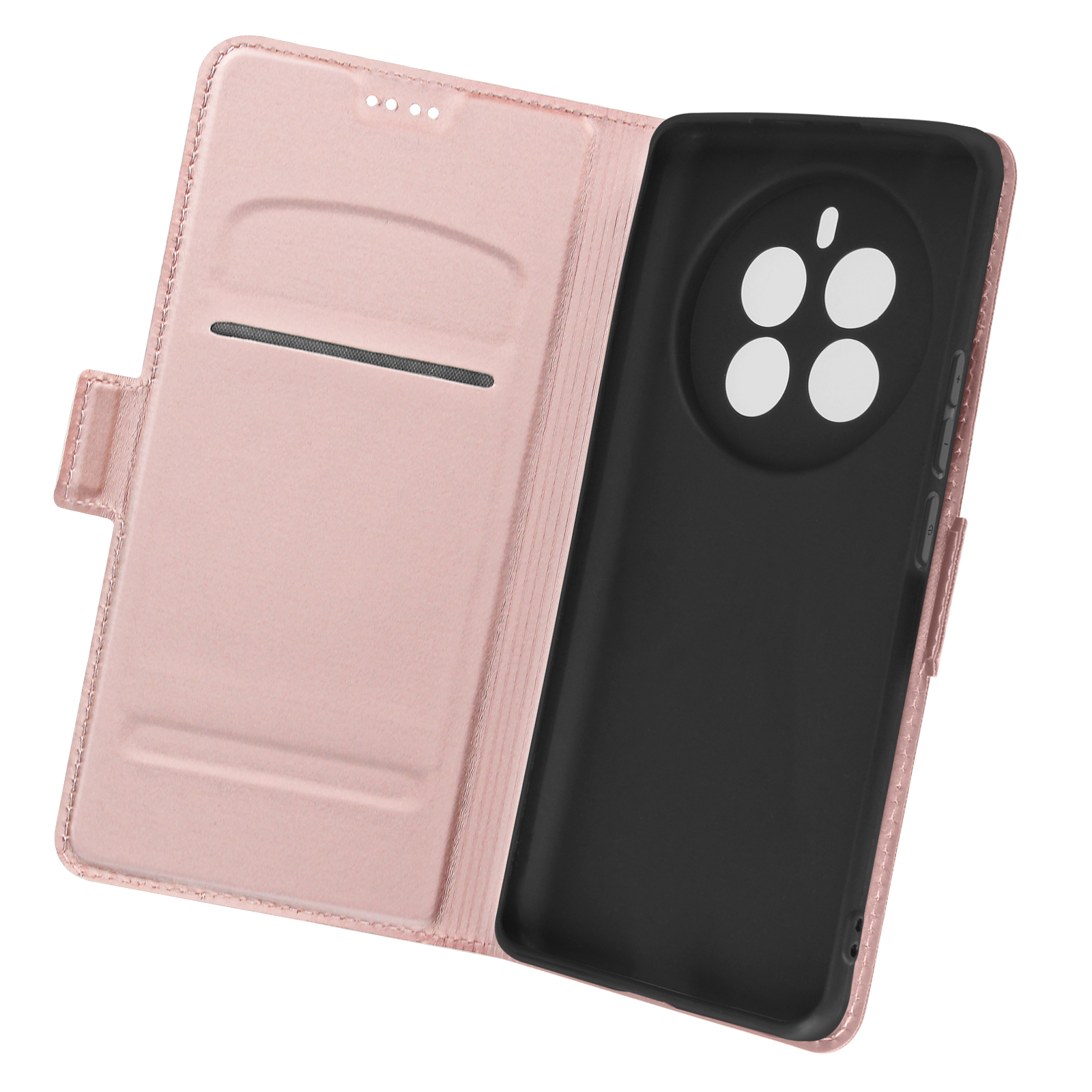 Custodia a portafoglio rosa per smartphone, aperta, mostra telefono e slot.