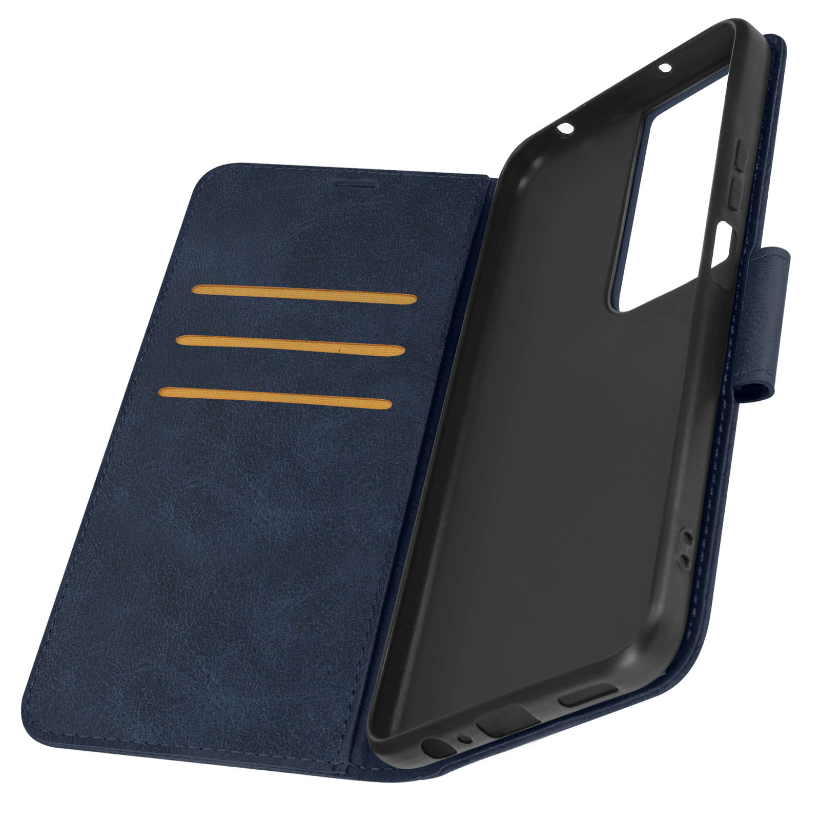 Custodia per telefono blu scuro aperta, che mostra fessure interne per carte e un telefono.