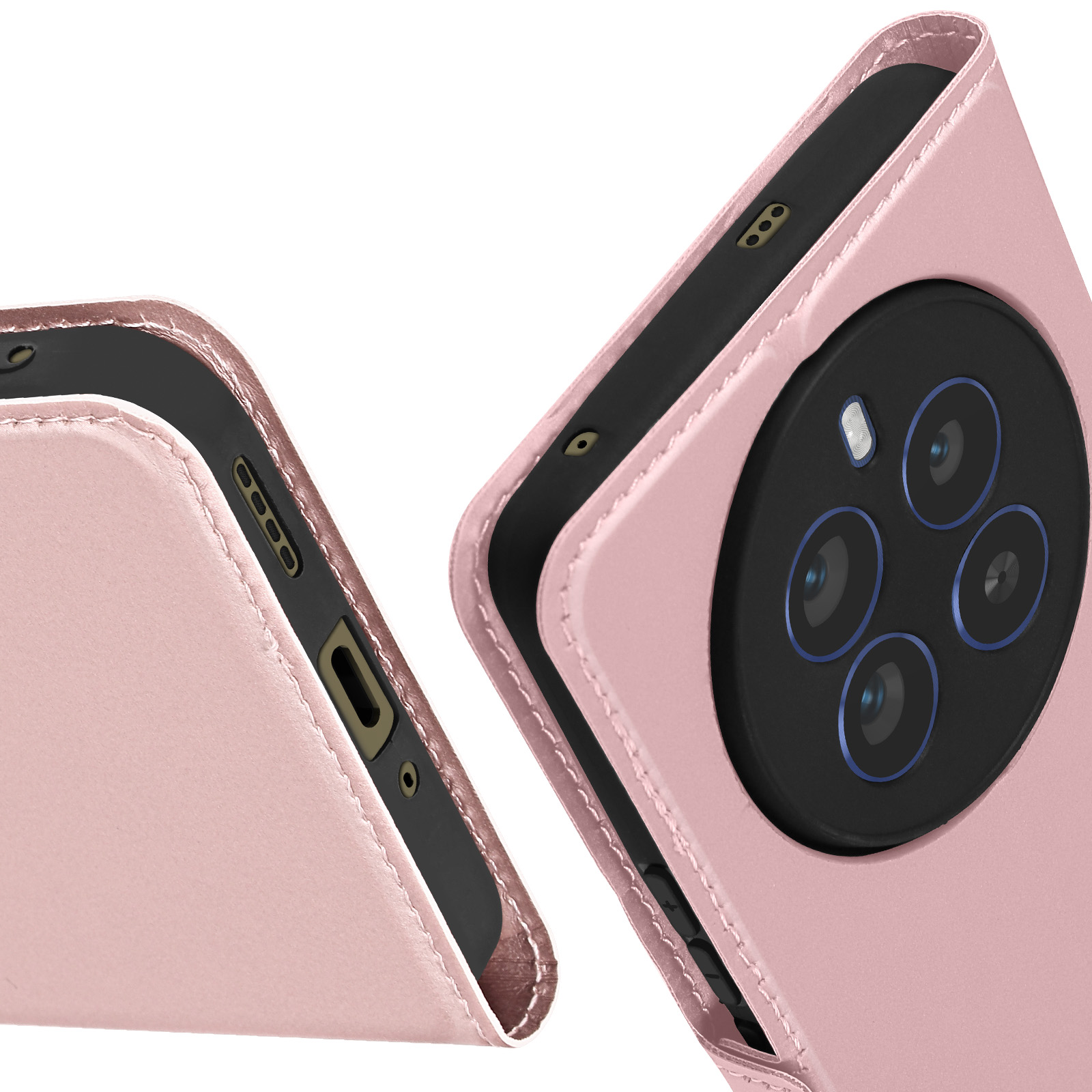 Custodia rosa per telefono, aperta, mostra fotocamera e pulsanti. Cuciture bianche sui bordi.