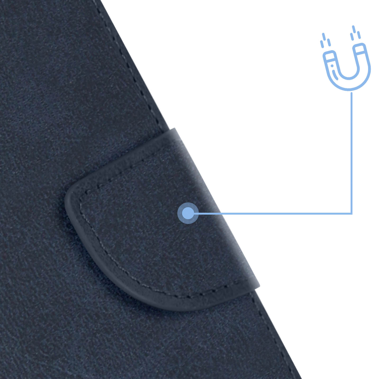 Custodia per tablet in pelle blu scuro con chiusura magnetica. Su sfondo bianco.