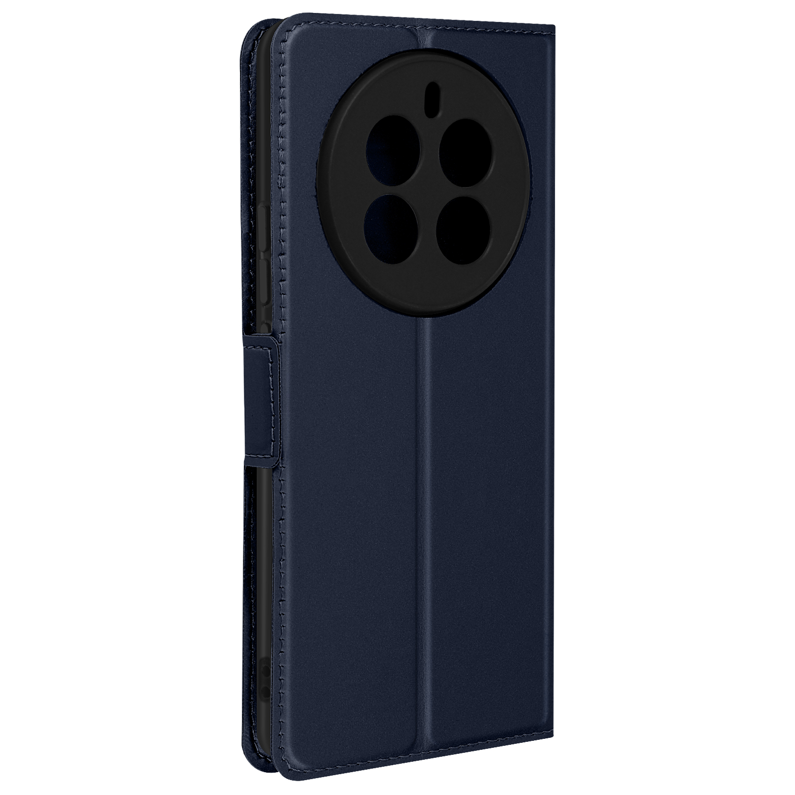 Custodia blu navy con ritaglio nero per la fotocamera, su sfondo bianco.