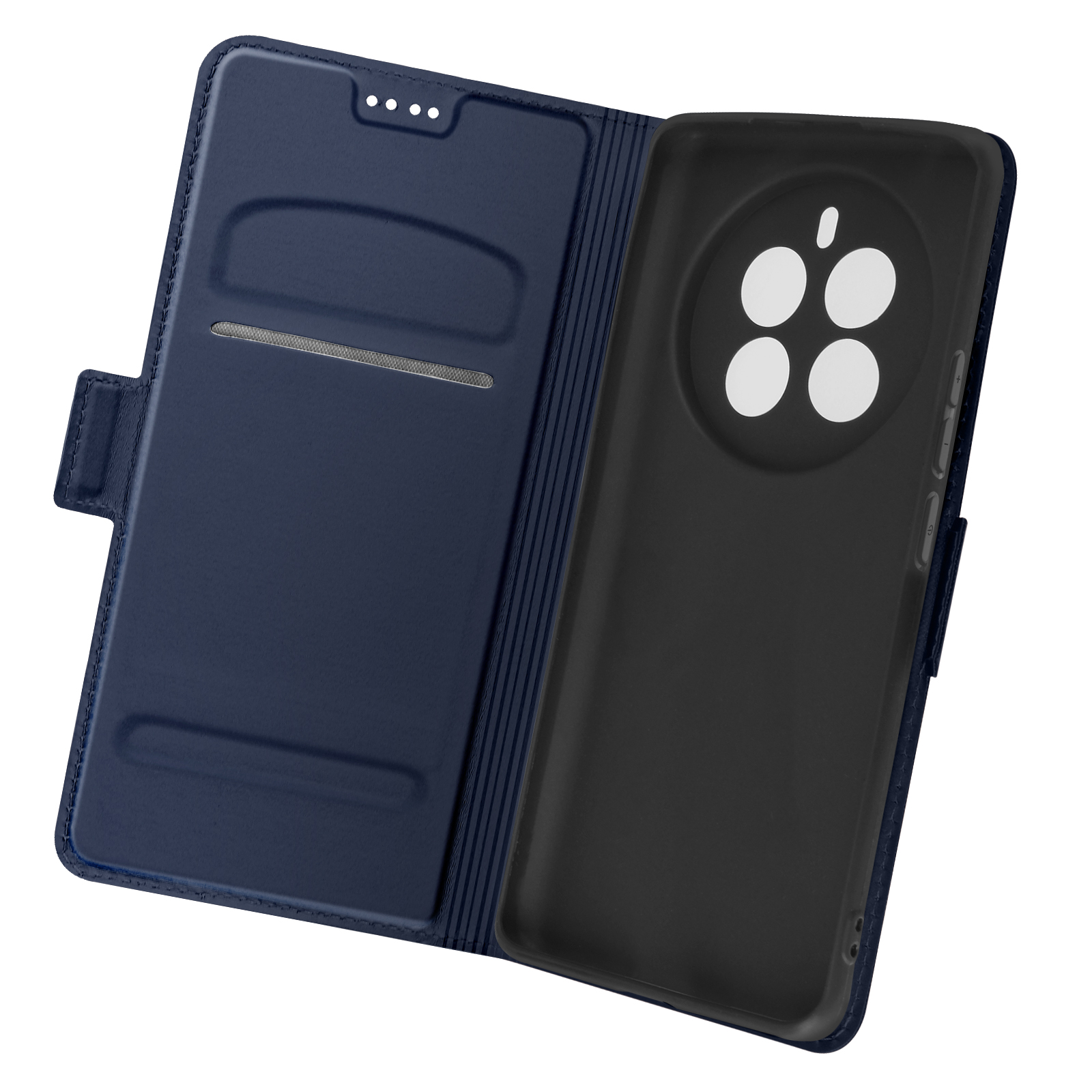 Custodia del telefono aperta con interno blu e supporto nero a forma di telefono. La custodia si chiude con una chiusura.