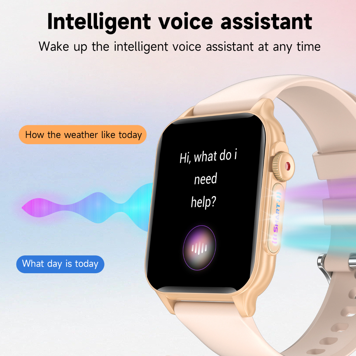 Eine goldene Smartwatch, die einen Bildschirm mit Text anzeigt, verbunden mit einem rosa Armband.
