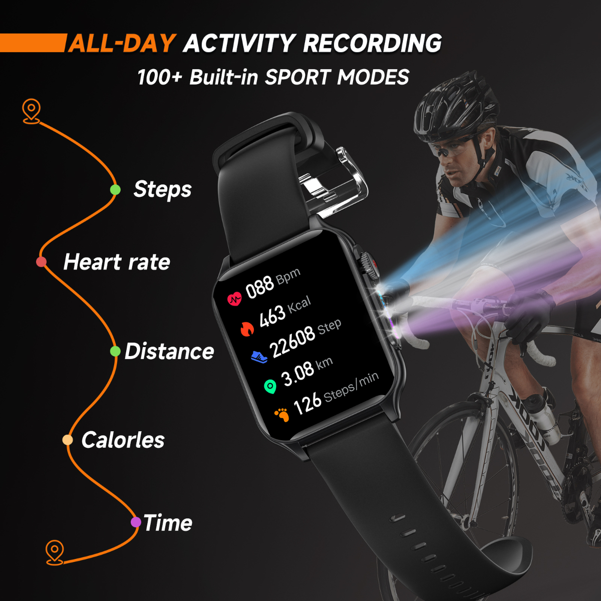 Smartwatch zeigt Aktivitätsdaten: Schritte, Herzfrequenz, Distanz, Kalorien, Zeit. Radfahrer im Hintergrund.
