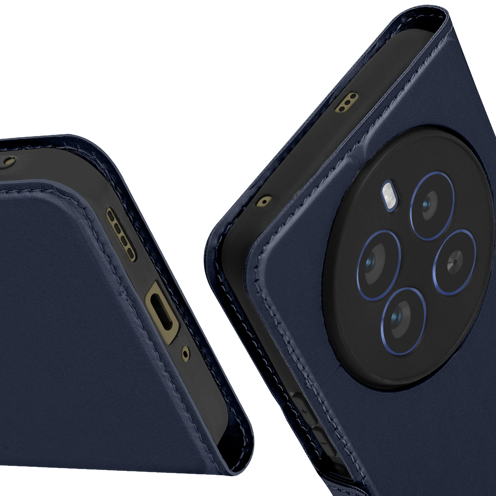 Primo piano di una custodia blu per telefono. Mostra la fotocamera posteriore di un telefono e il profilo laterale con le porte.