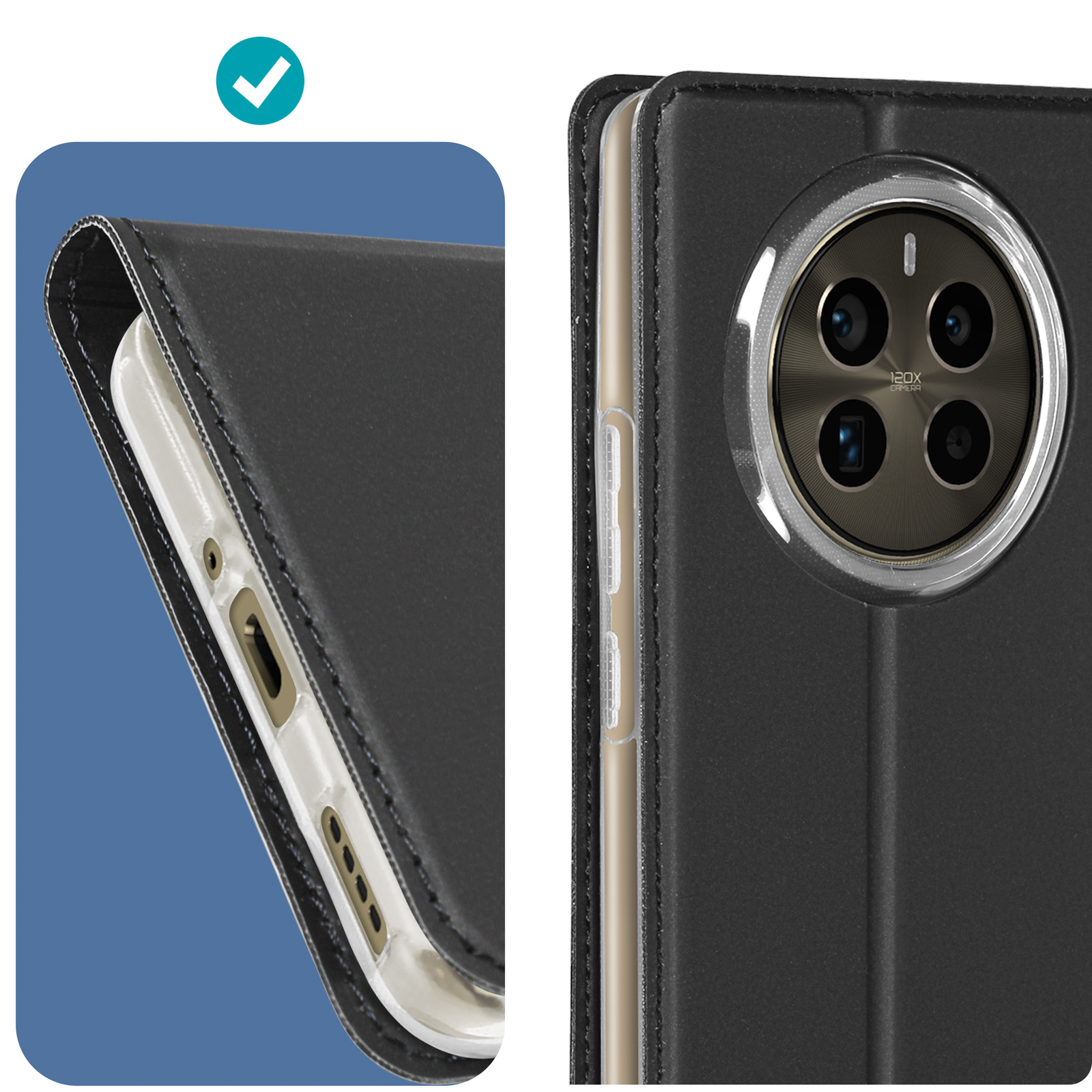 Details einer schwarzen Handyhülle. Zeigt die Handyhülle um das Telefon und die Kameradetails.