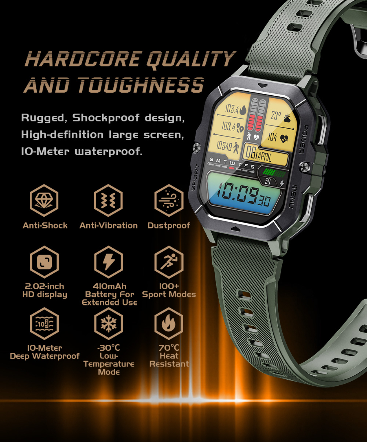 Grüne Smartwatch mit Text: Hardcore Quality, Toughness und Icons.