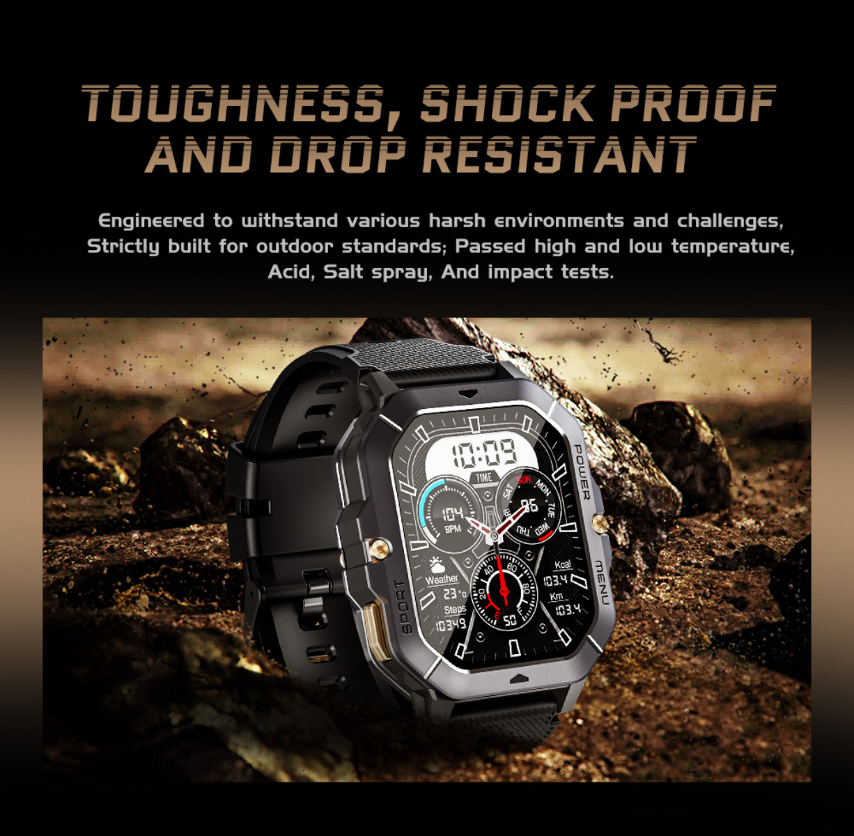 Robuste schwarze Smartwatch auf felsigem Gelände mit Textüberlagerung.