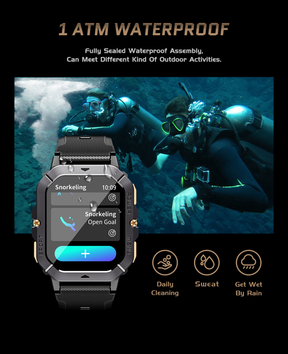 Schwarze Smartwatch mit Tauchern im Hintergrund, Textüberlagerung: 1 ATM wasserdicht.