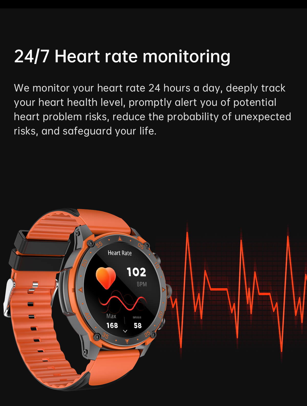 Smartwatch mit orangefarbenem Armband zeigt Herzfrequenzdaten.