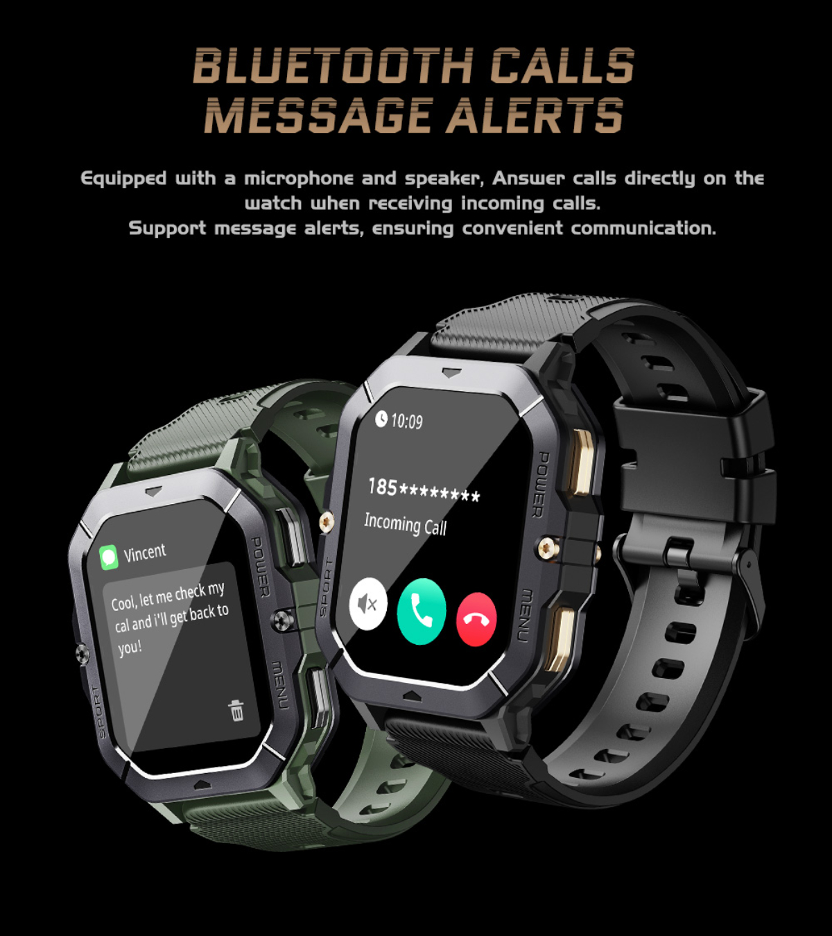 Zwei Smartwatches, die eingehende Anrufschnittstellen auf schwarzem Hintergrund anzeigen. Textblasen werden angezeigt.