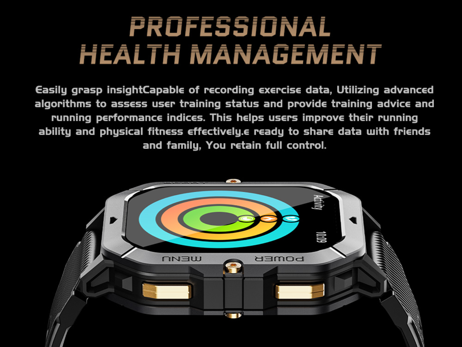 Eine Smartwatch mit rundem Bildschirm, der Gesundheitsmetriken anzeigt, und einem schwarzen Armband.