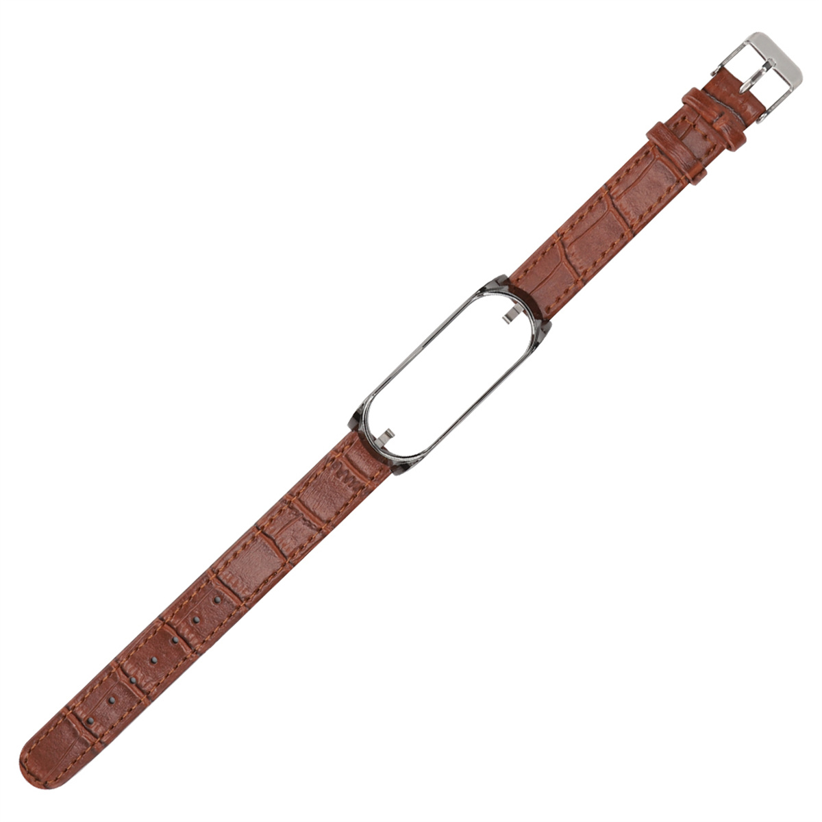 Braunes Lederarmband mit silberner Schnalle und leerem Display.