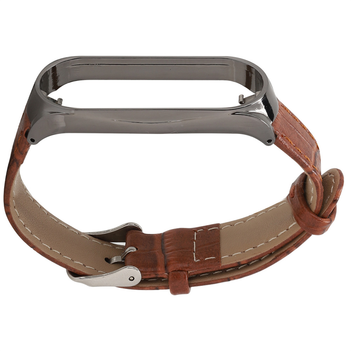 Braunes Lederarmband mit dunkelgrauem Metallrahmen.