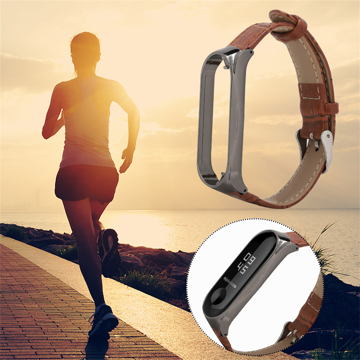 Eine Person läuft auf einem Weg. In der Nähe befindet sich ein Smartwatch-Armband, das die Uhrzeit anzeigt.