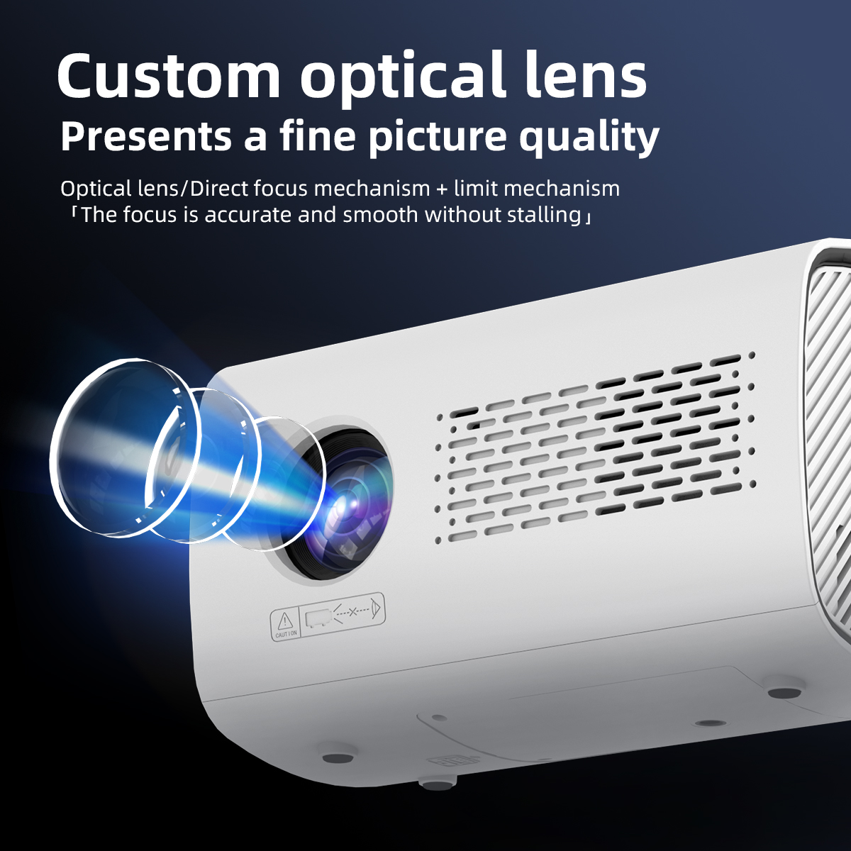 Weißer Projektor mit Linsen. Text oben: 'Custom optical lens'.